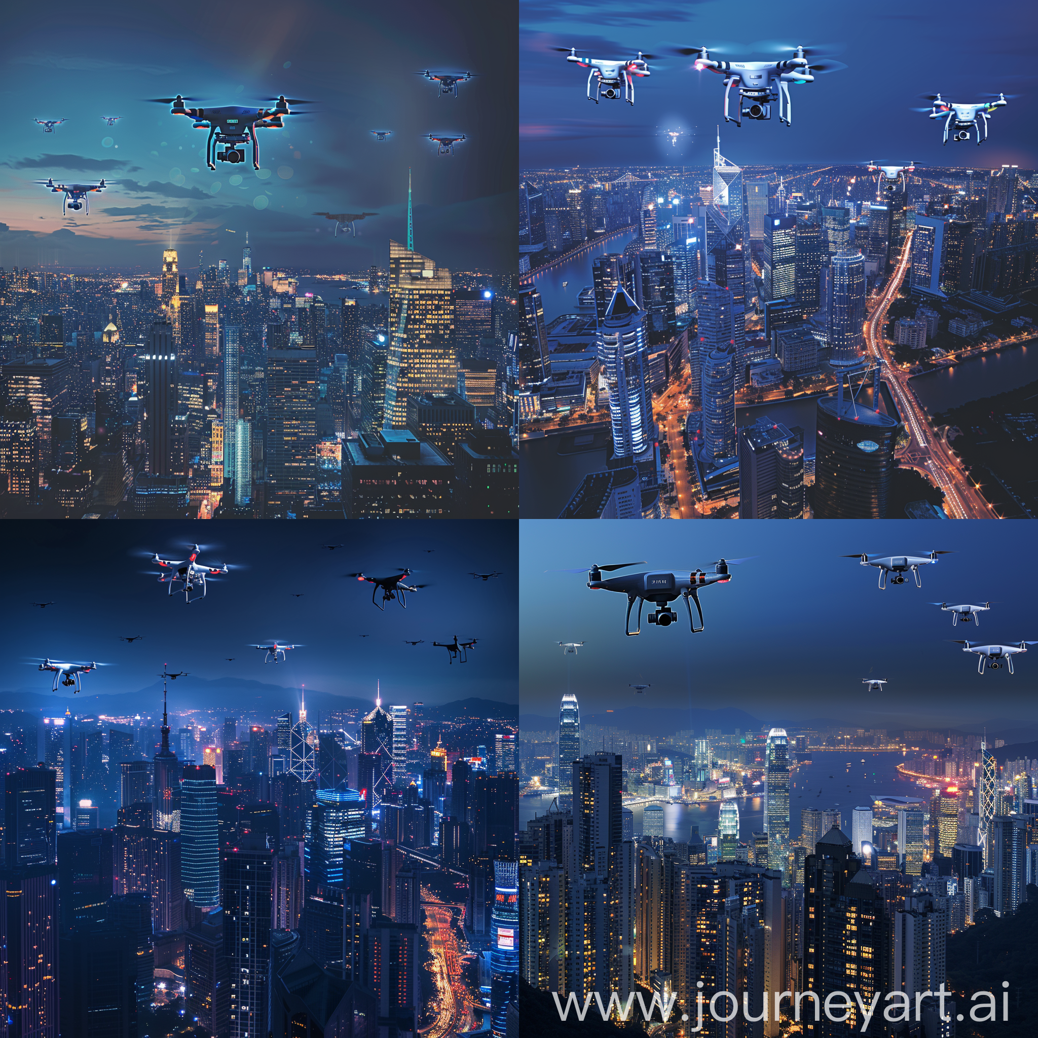 a realistic city skyline at night with drones flying, capturing a bustling, modern atmosphere