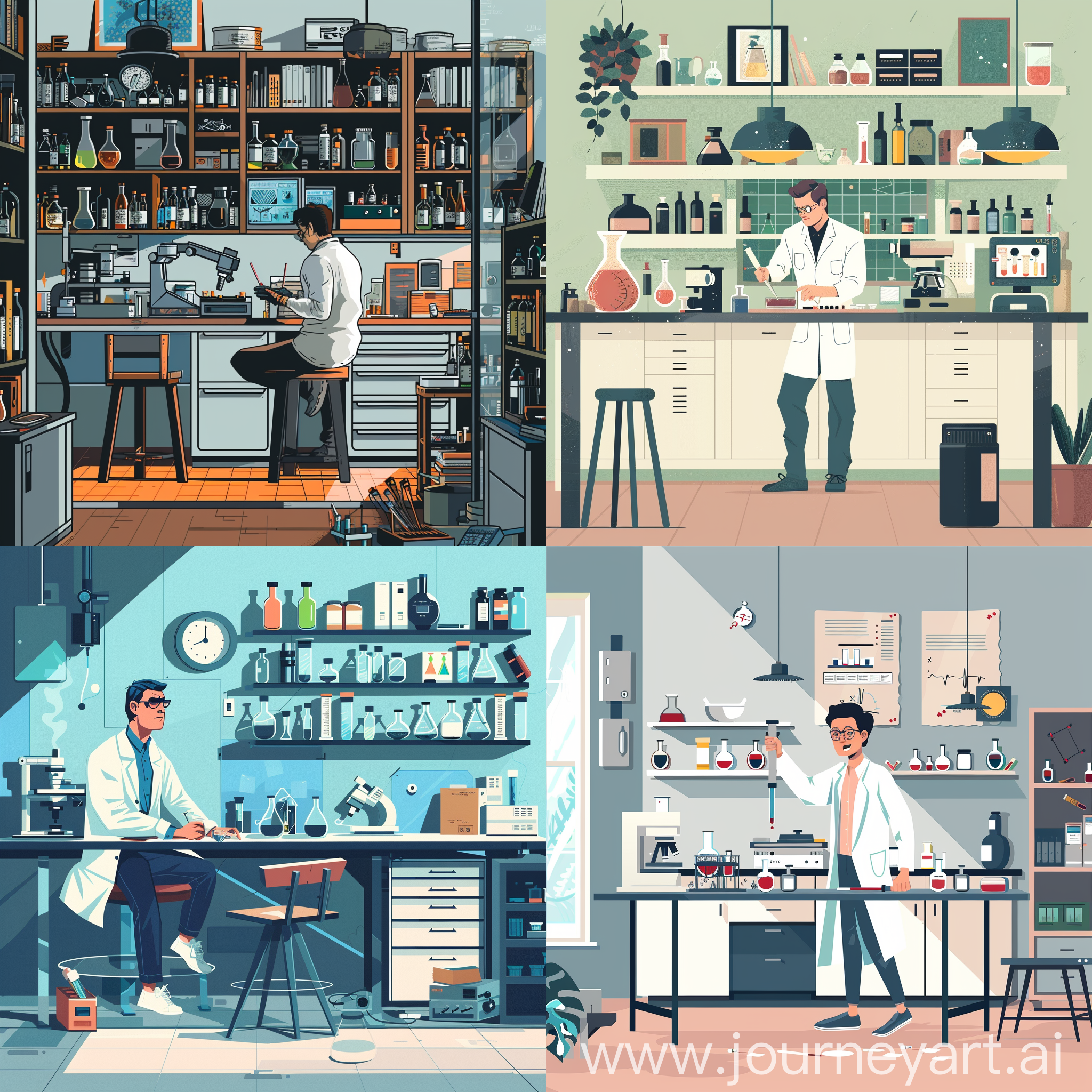 comis style scientist's room at home doing lab works while he is on his table
