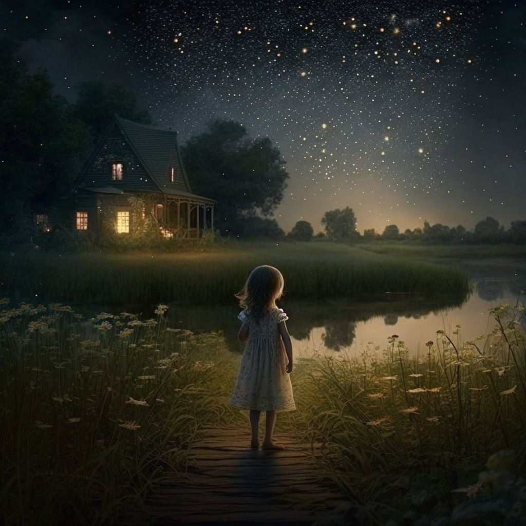 countryside, 
small  house,
misty,
lake,
tiny stars twinkling 
young child,
long curly hair
lace nightgown,
fireflies,
whimsy.
