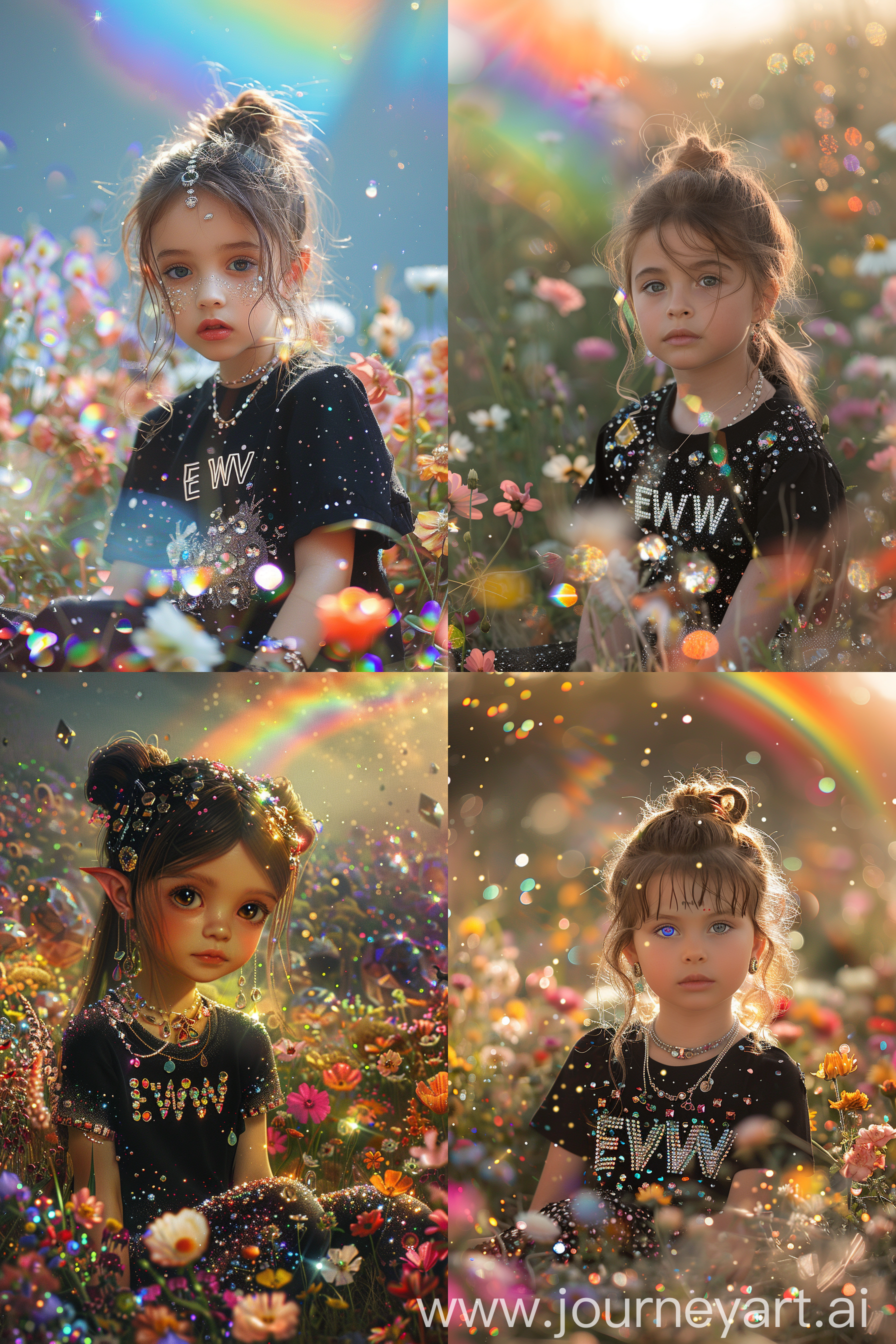 cute little girl is sitting in a field of flowers,  dream look, Everything is a fantasy atmosphere the girl wears a black shirt with the insription "EWW" finishes and shiny gems and wears a lot of jewelry, in the landscape there are a rainbow, gems, glitter and diamonds, bright light, --ar 2:3 --stylize 250 --style raw
