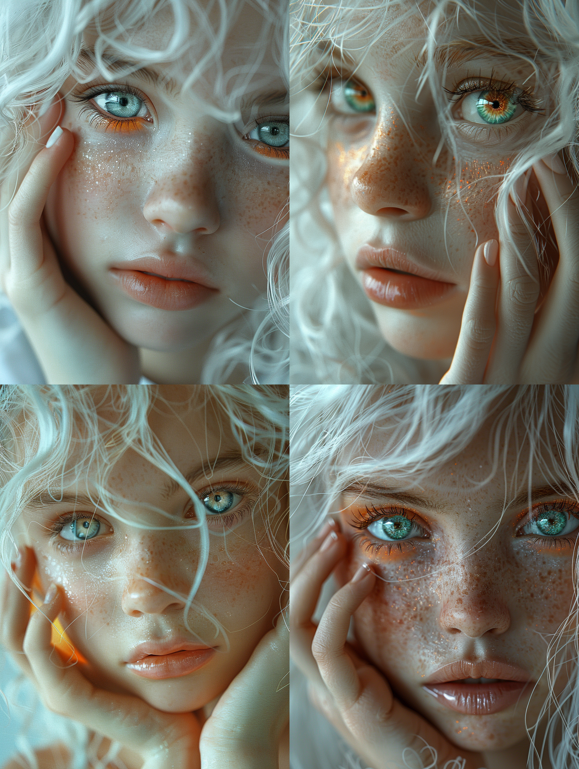 face close up, beautiful little girl, white hair, one hand in her face, beautiful shiny eyes, cam focus on the eye, ultra realtistic, sharp focus, beautiful light, orange and teal, --stylize 700 --style raw --v 6