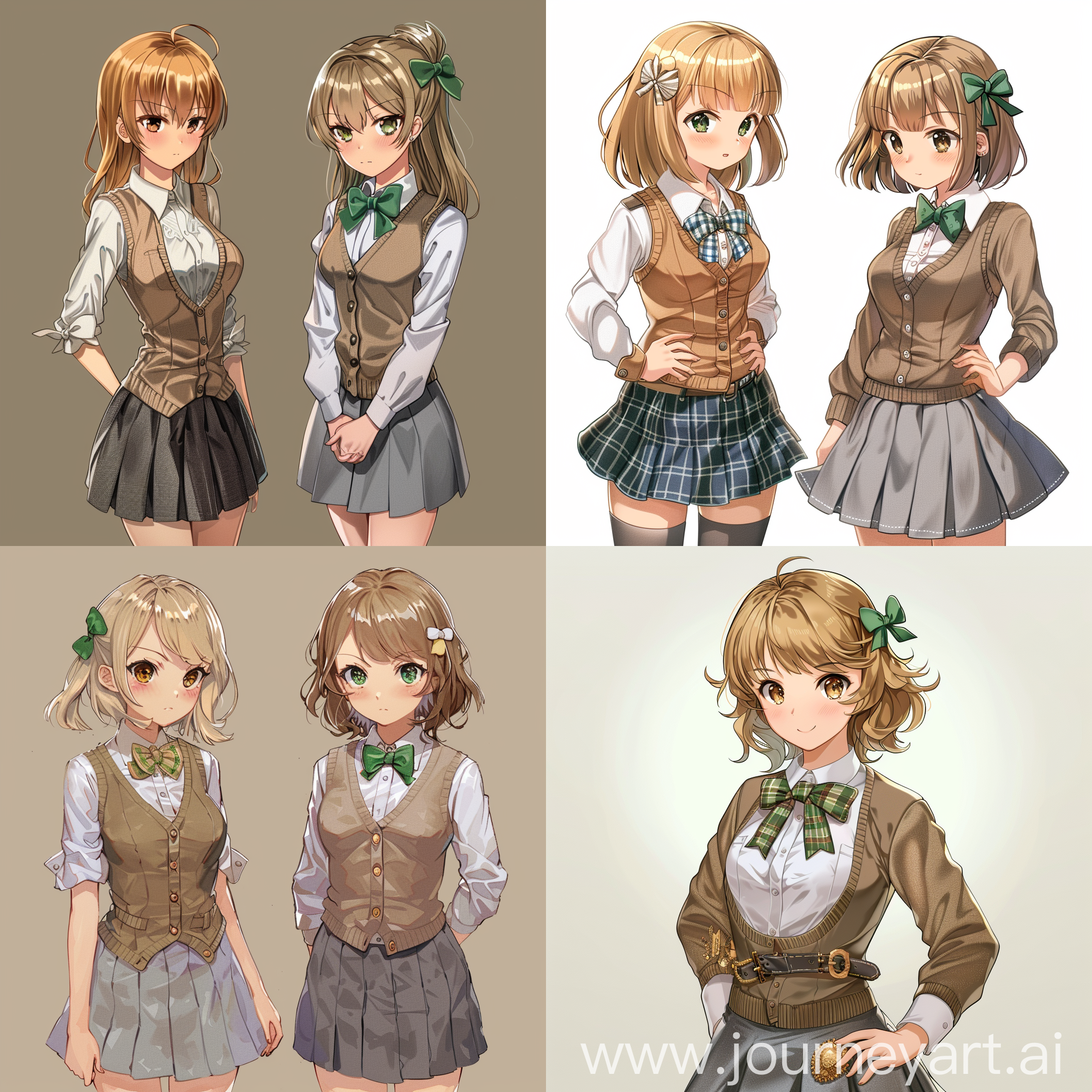 (haijin:2), 2girls, :d, bangs pinned back, blonde hair, blush, bow, bowtie, brown eyes, brown hair, cardigan vest, cowboy shot, green bow, green eyes, grey skirt, hair ornament