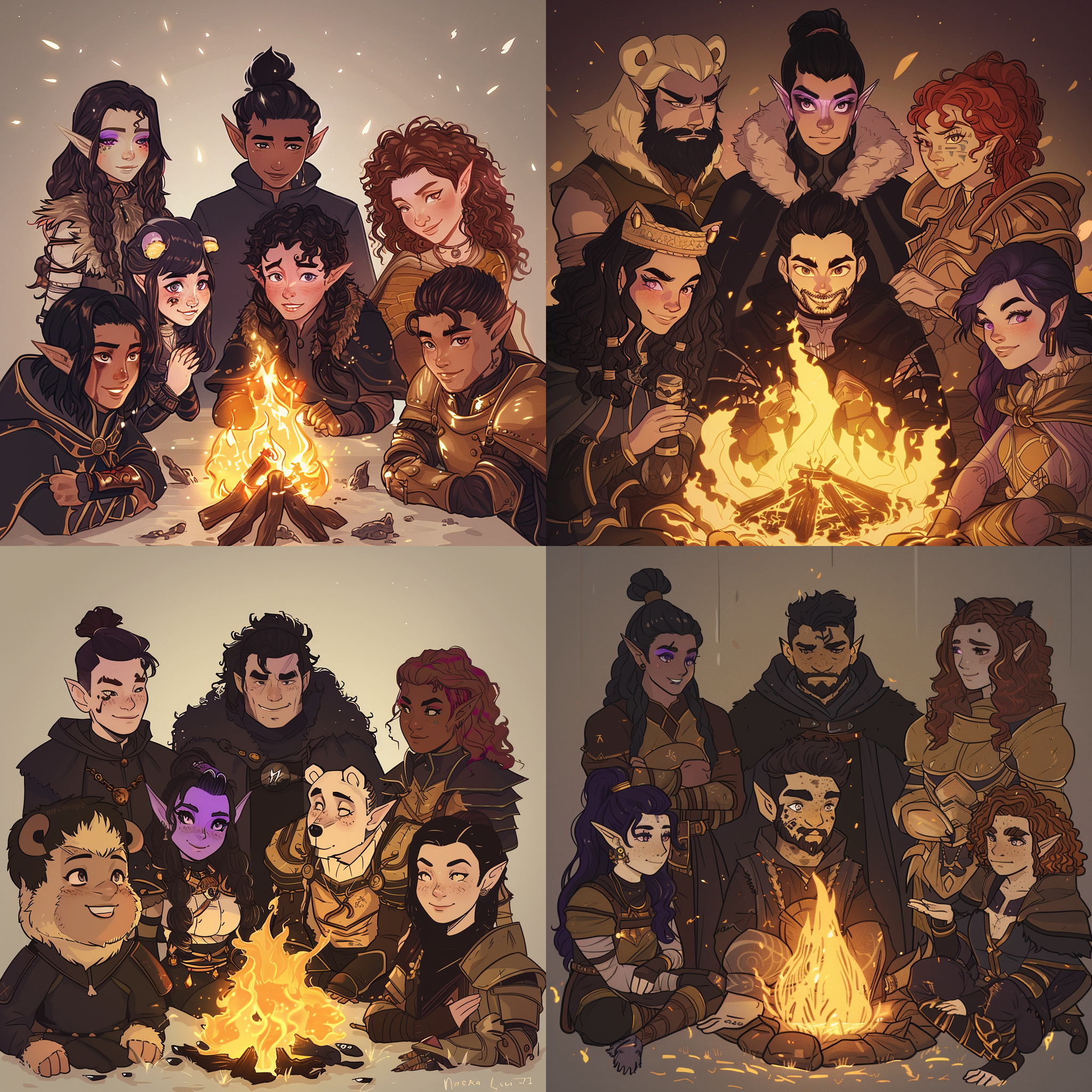 an anime style drawing of the following six characters around a fire: - Zook! A gnome mushroom druid boy with a deep connection to nature. - Simon! A young, studious wizard man with long black hair in a messy bun and clean-shaven face, wearing black robes. - Adam! A goliath male warrior adorned in a shamanistic polar bear outfit, signifying a high tribal status. - Serra! A young woman with impeccable taste and make-up, purple eyes, black hair, and a confident smirk, showcasing an enigmatic allure. - Mera! A vibrant young Irish woman with curly red hair, dressed as a swashbuckler, full of adventurous spirit. - Aurora! A strong, mid-30s female warrior with warm brown hair and eyes, wearing gold armor, with a severe expression.