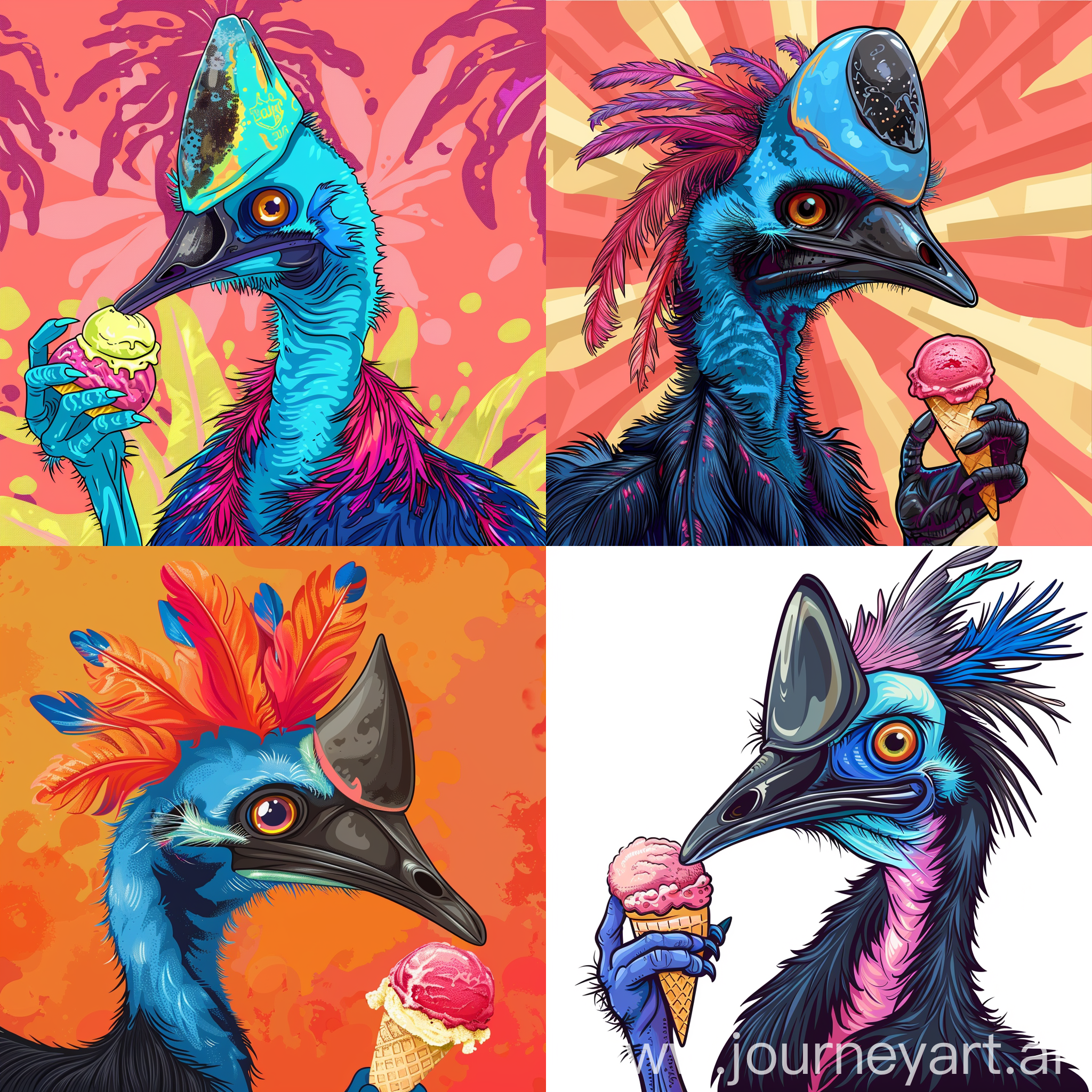Cartoon of a side profit cassowary tough looking eating an ice cream 90s theme with bright feathers