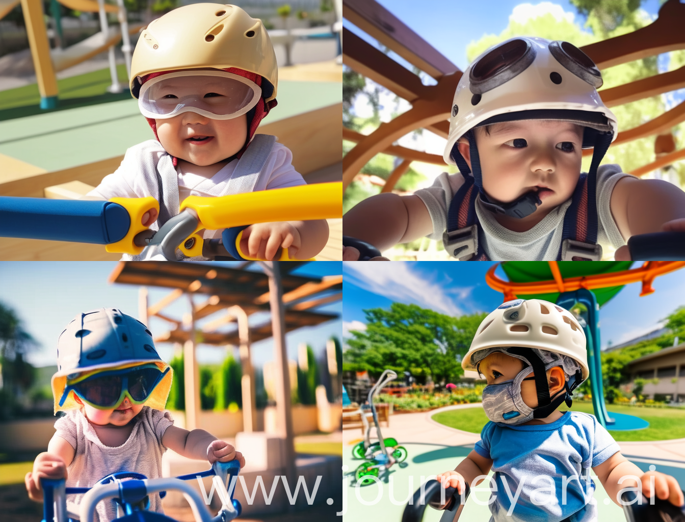 мальчик 10 месяцев в ортопедическом шлеме играет на улице летом на детской площадке