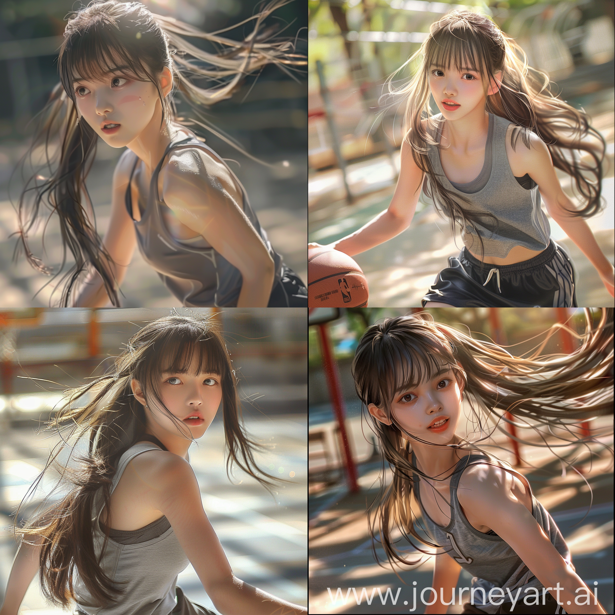  A beautiful Chinese girl with long hair, bangs and a side parting hairstyle is playing basketball on the playground. She has exquisite facial features and delicate skin texture, wearing a gray tank top and black sports shorts. The sunlight shines through her hair onto her face, creating soft shadows. She is playing basketball in the style of a Chinese artist.
