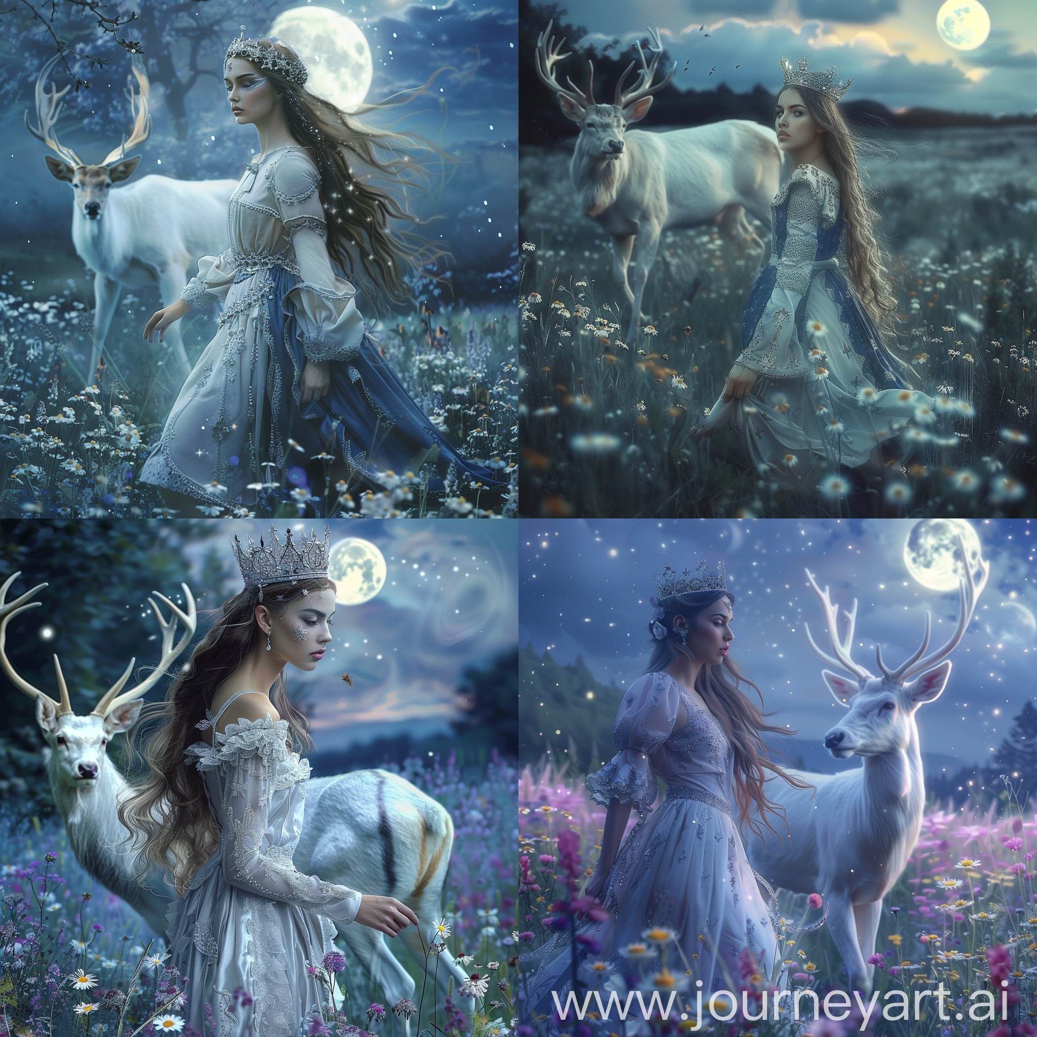 A beautiful medieval woman with delicate facial features and long hair walking with a white stag through a moonlit flowery meadow. They are both wearing silver crowns. Beautiful magical mysterious fantasy etheral highly detailed 