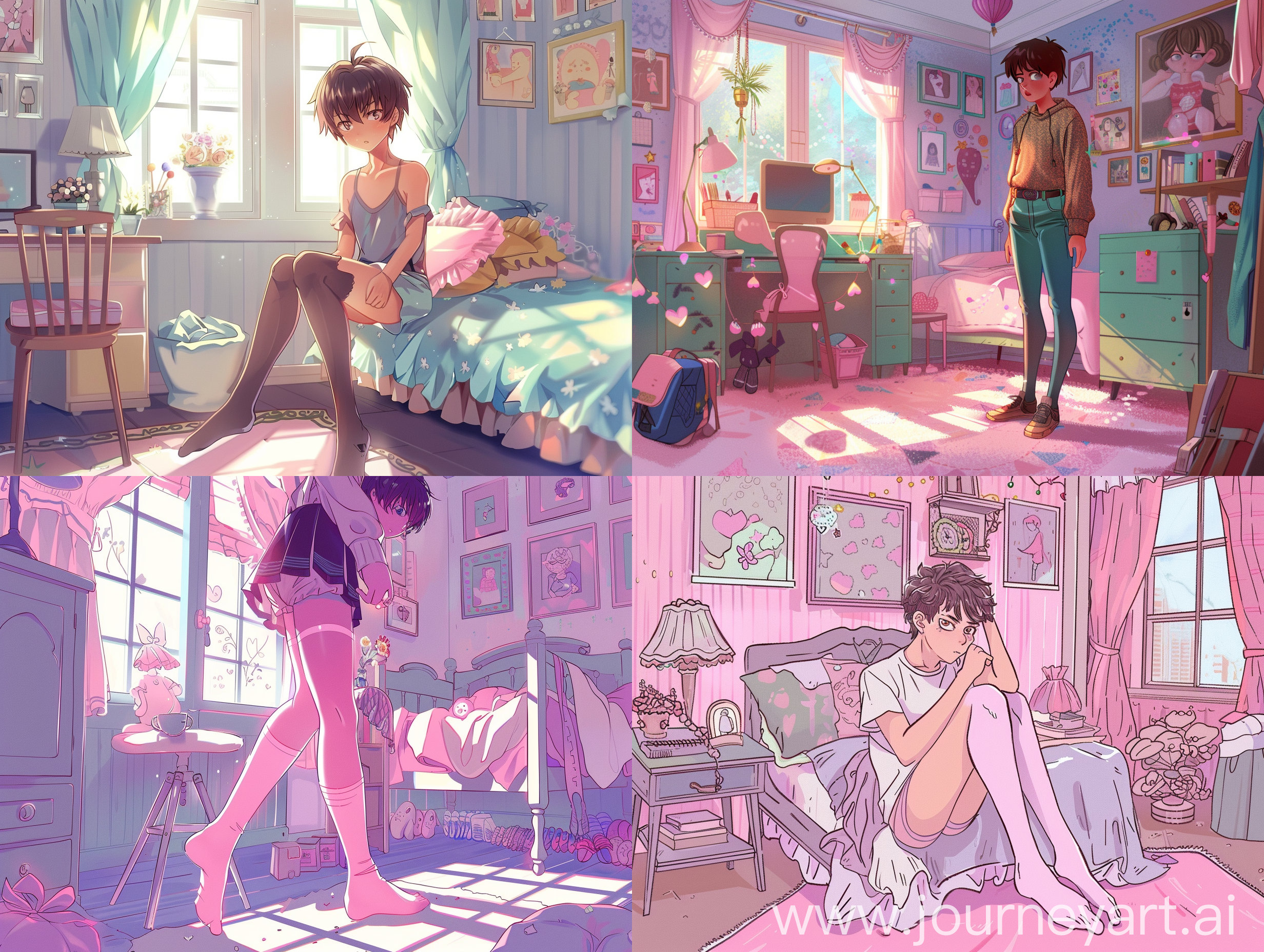 A boy wearing pantyhose in a  girly room, anime style