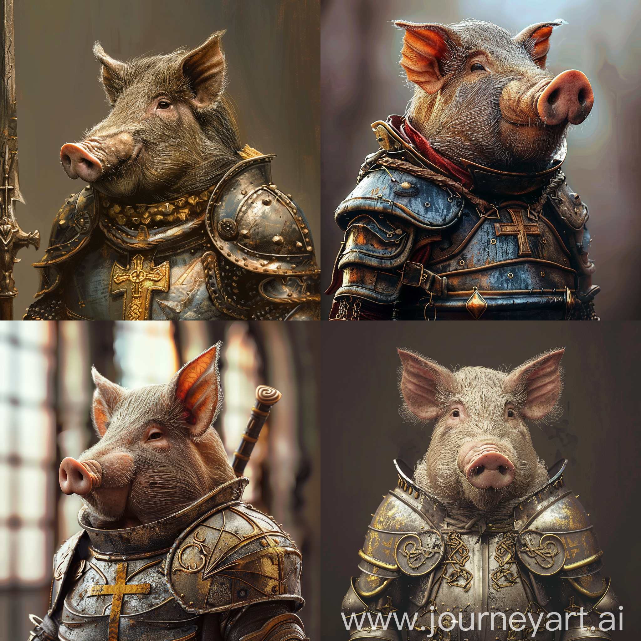 A hog dressed in crusader armor. Hyper realistic