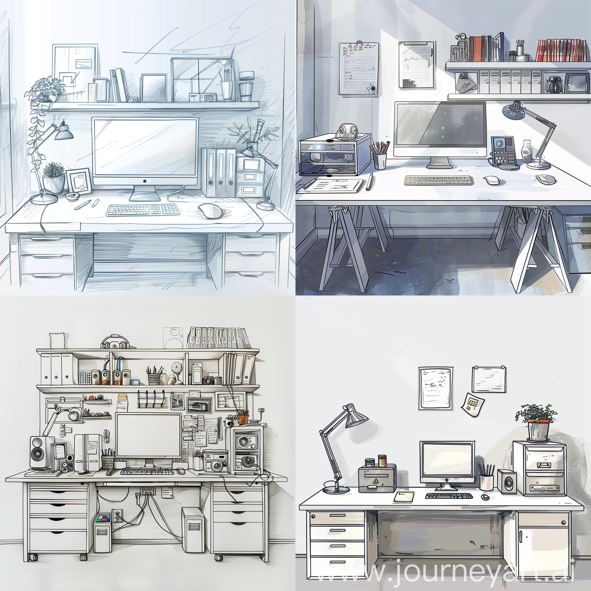A horizontal drawn image of a full white professional desk and system for a cgartist and architect for background photo in LinkedIn profile space with high quality and good detail