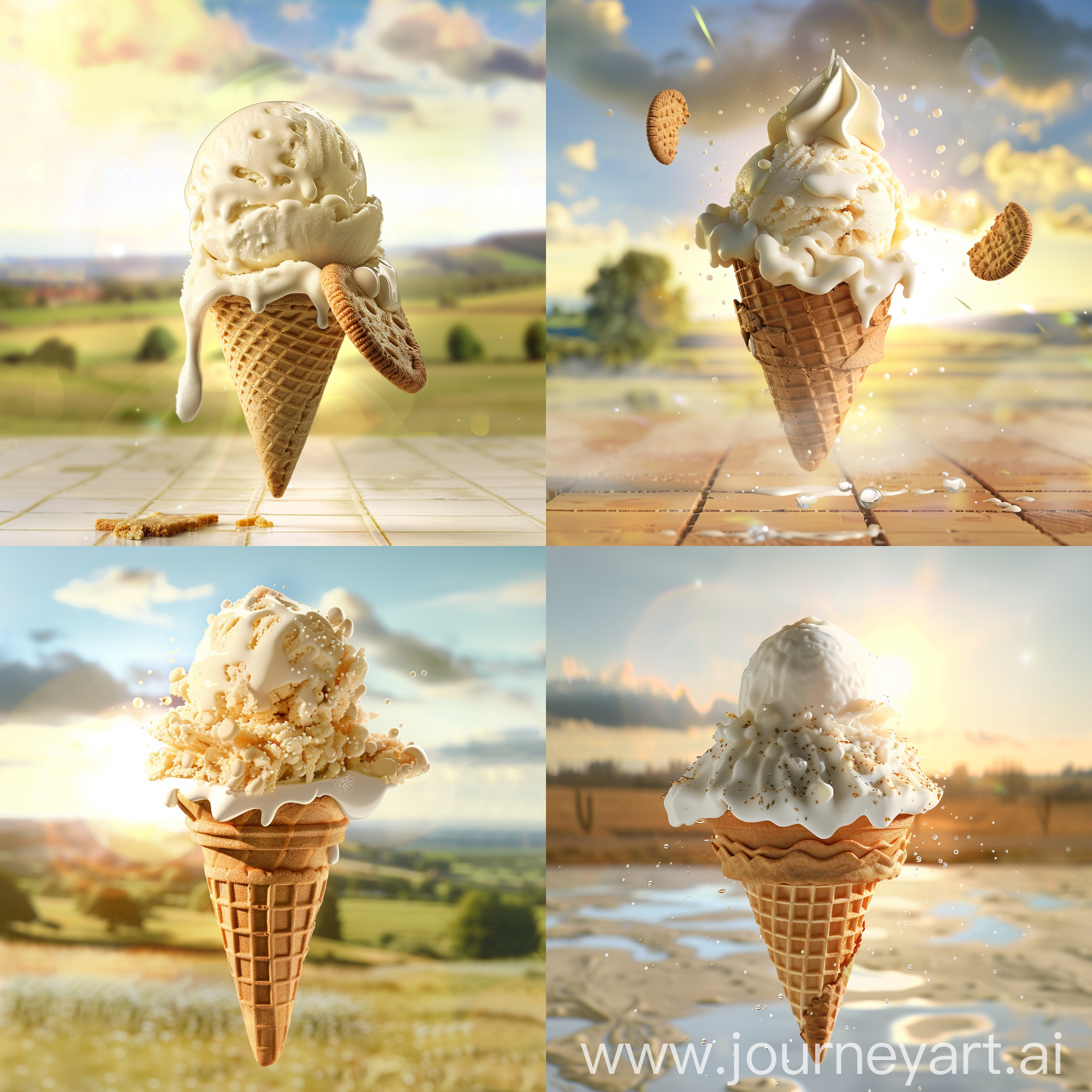 一个带饼干甜筒的香草冰淇淋悬浮在空中，背景是明亮的风景，背景使用高斯模糊