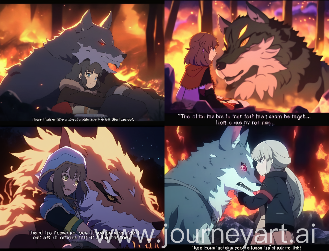 Anime screencap of a girl and a sleeping Giant Wolf in a bonfire, subtitles: "I'll protect you"