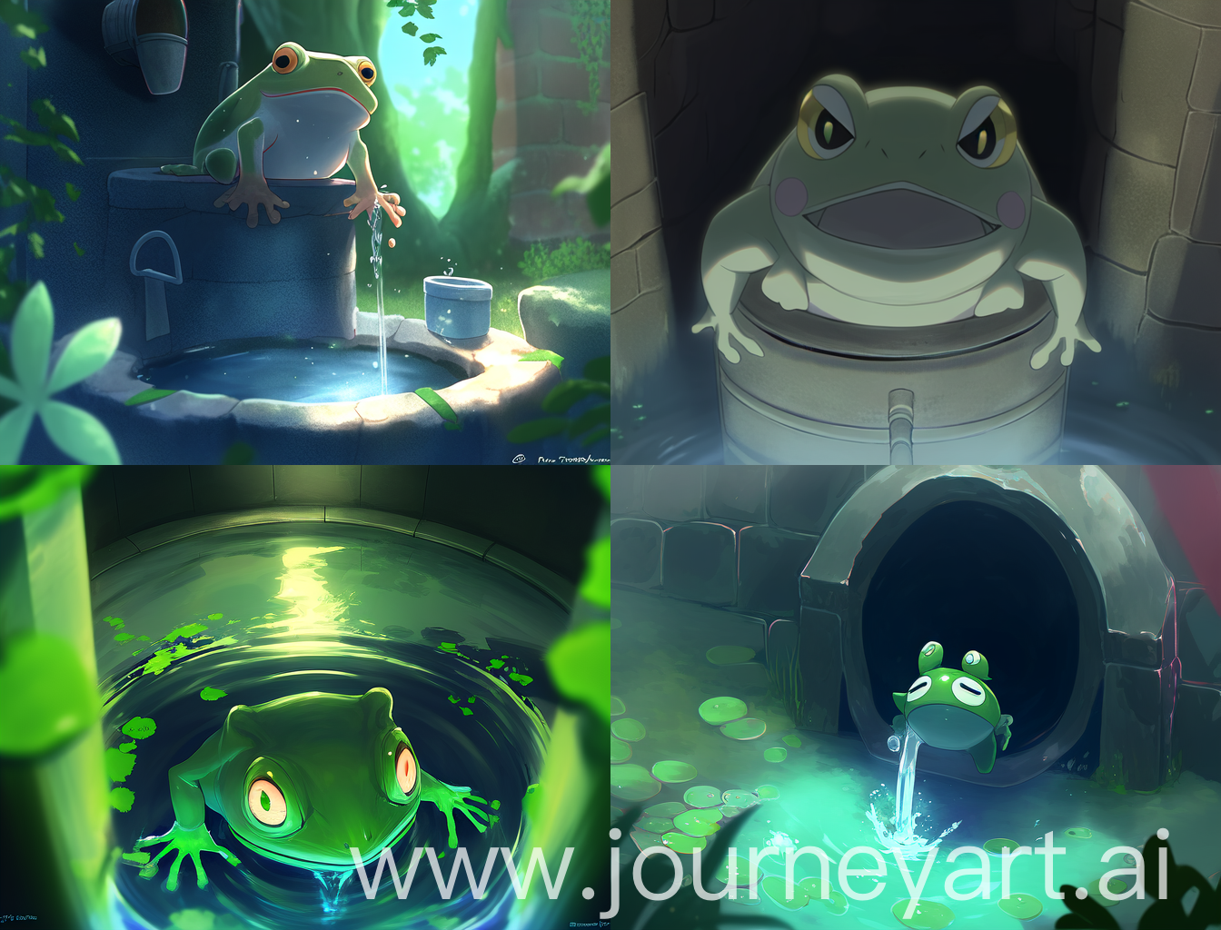 井底深处，一只青蛙蹲坐在井壁上，眼睛明亮，身体呈现出青绿色的光泽。