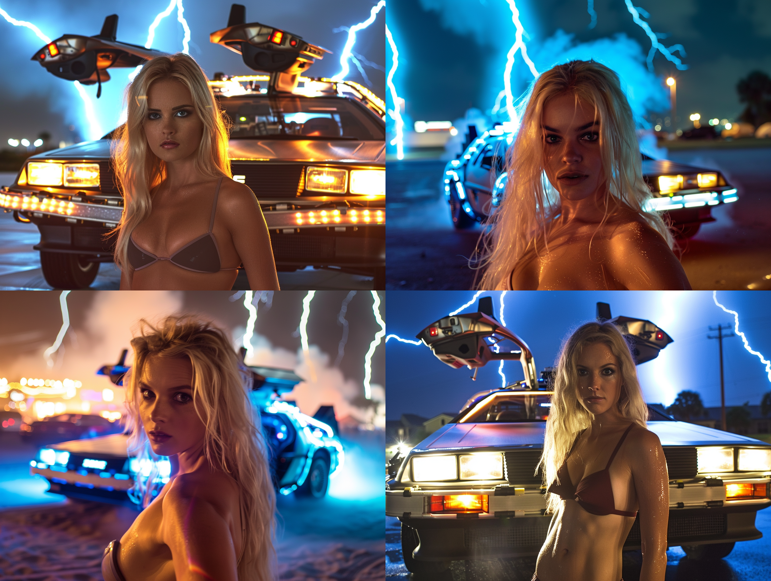 Blonde in bikini in foreground close to camera with Back to the future delorean in background. Lit up, scifi, vivid blue lightning in sky, smoky, fire trails, artistic, bright