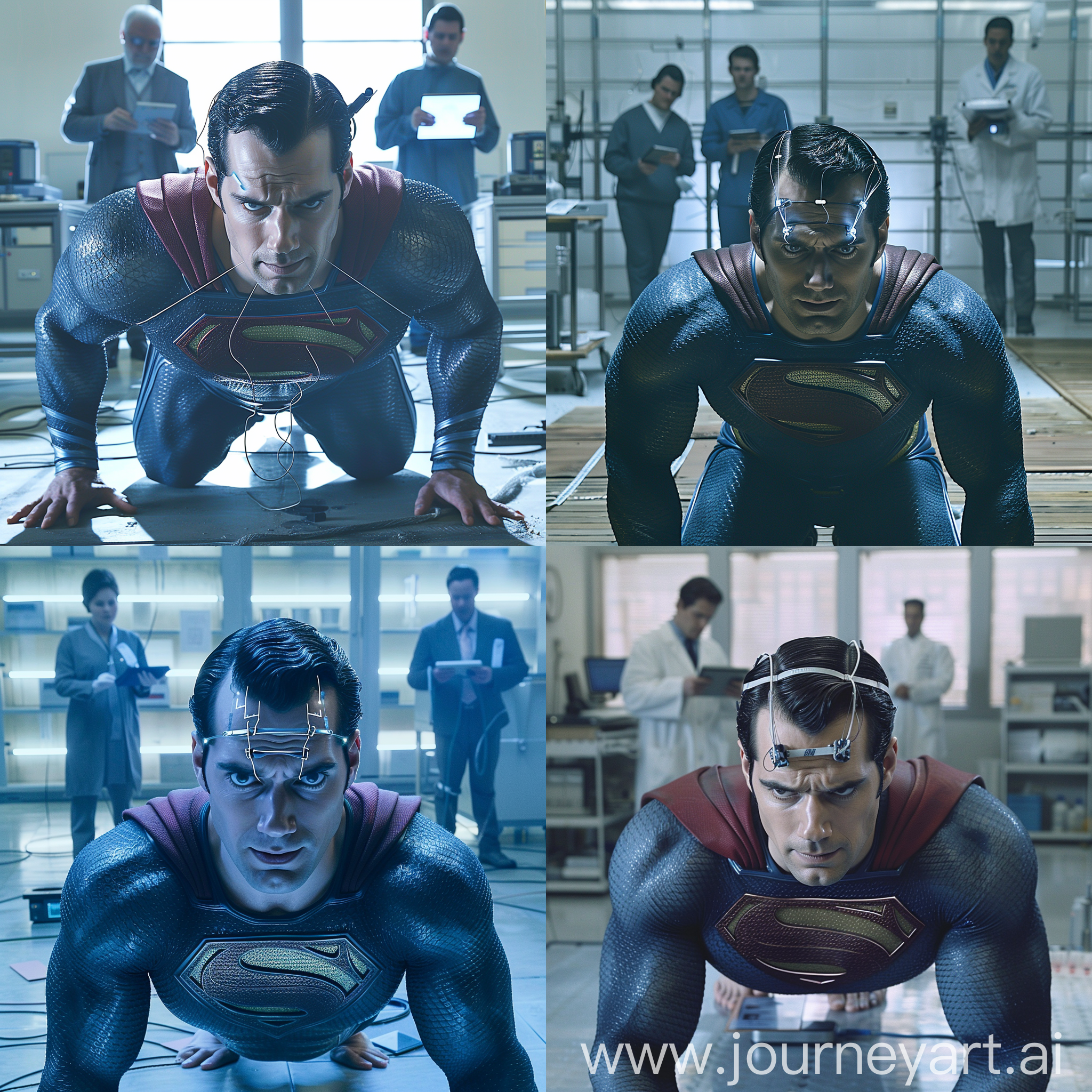 Cinematic lighting, Handsome burly Henry Cavill wearing a superman suit, good looking burly muscular Superman wearing a superman outfit costume, DC superman costume, Crawling on all fours, with two electrodes attached to his forehead, lab background, with two male scientists standing in the background holding tablets, Henry Cavill with a blank face and white milkyeyes, with electrodes attached to his head, technological wires attached to the side of his head