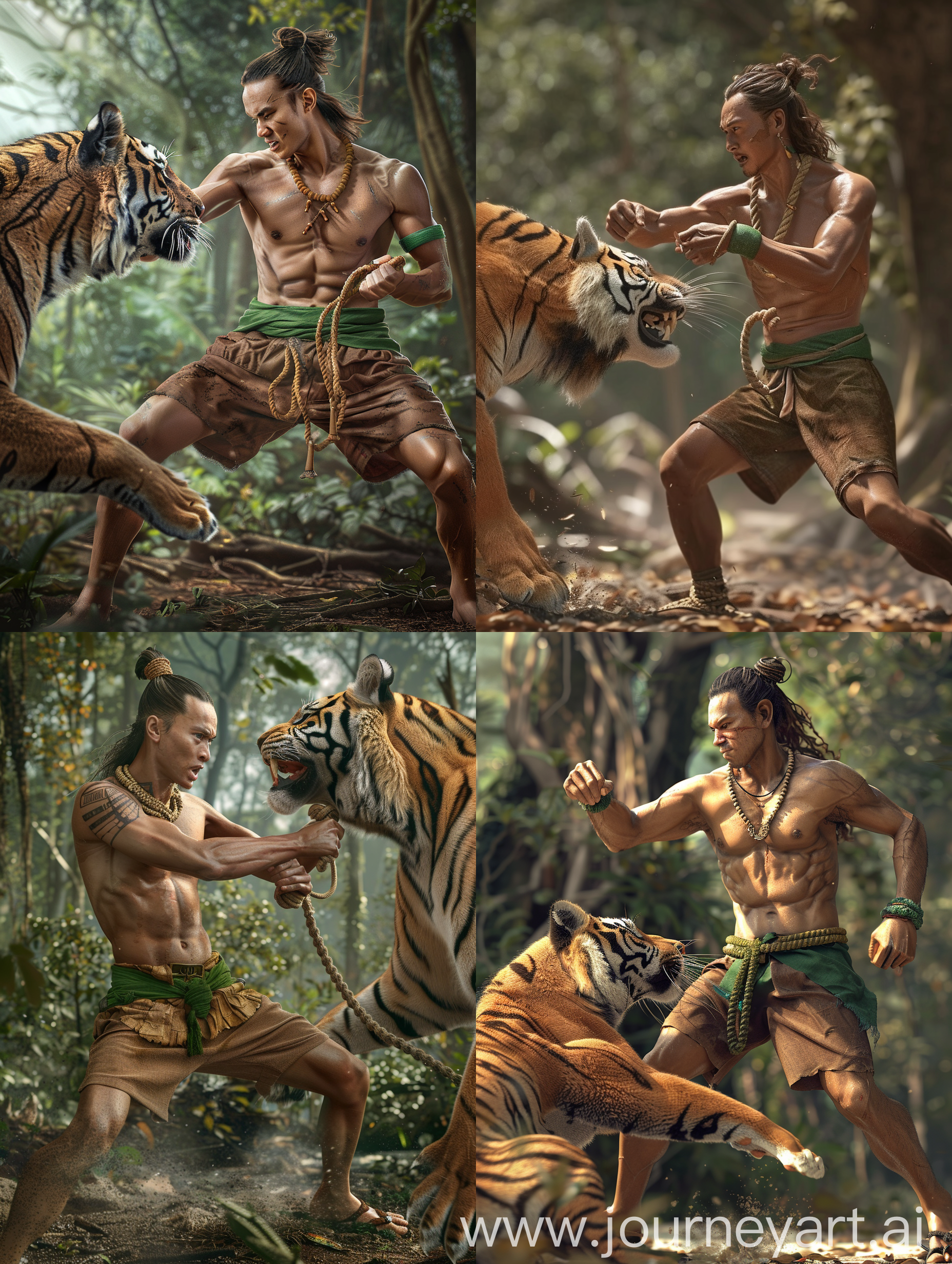 Cinematic, movie scene style, 30 year old Indonesian man with square and clean face, long hair in a small bun, stocky body, wearing a rope necklace, green cloth bracelet, brown shorts, green cloth belt, strappy sandals, fighting with a tiger, in in daylight forest, Very detailed, very real, ultra HD