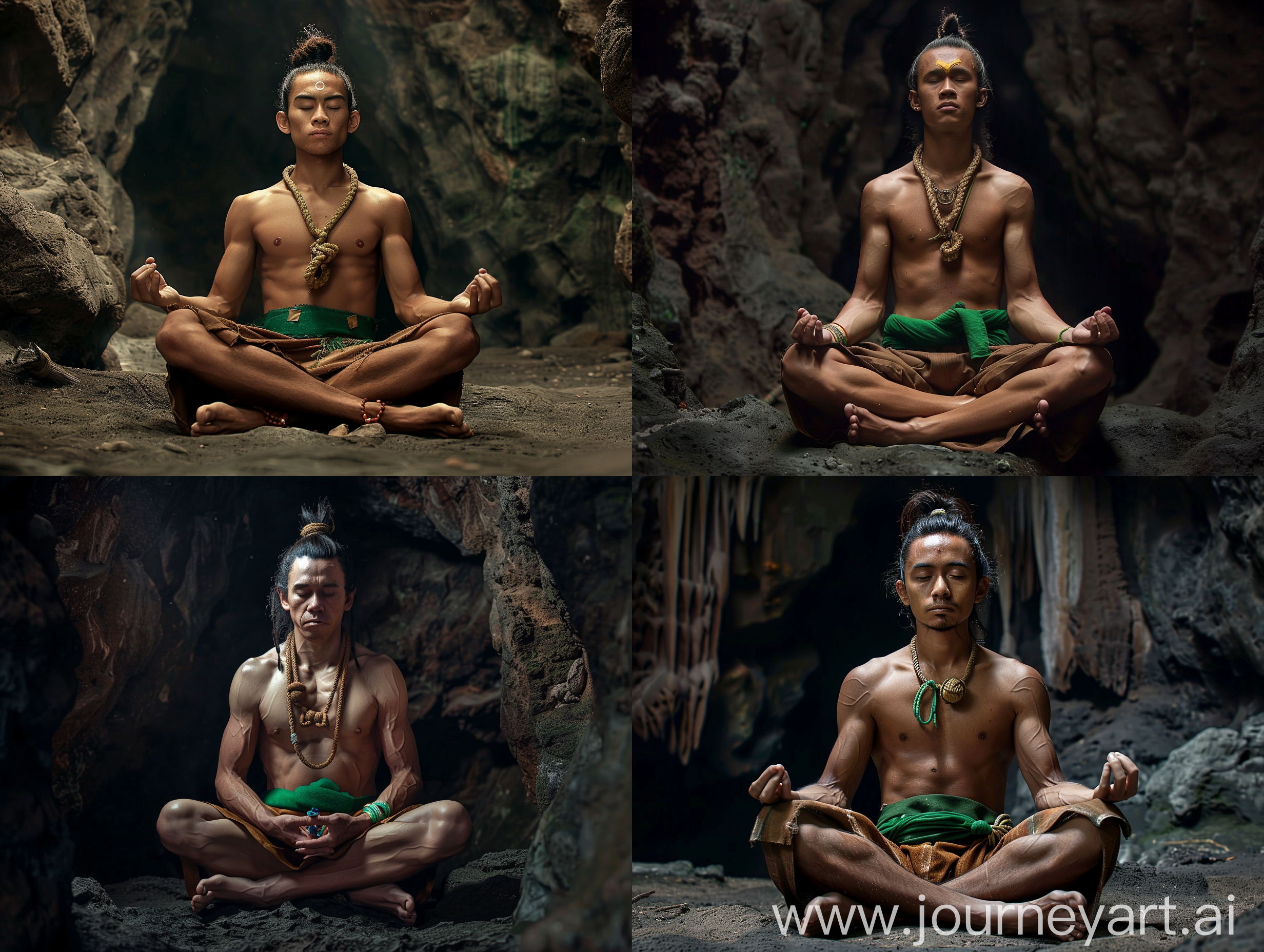 Cinematic, movie style, 30 year old Indonesian man with square and clean face, long hair in a small bun, stocky body, wearing a rope necklace, green cloth bracelet, brown shorts, green cloth belt, strappy sandals, sitting in meditation in a dark cave , Very detailed, very real, ultra HD