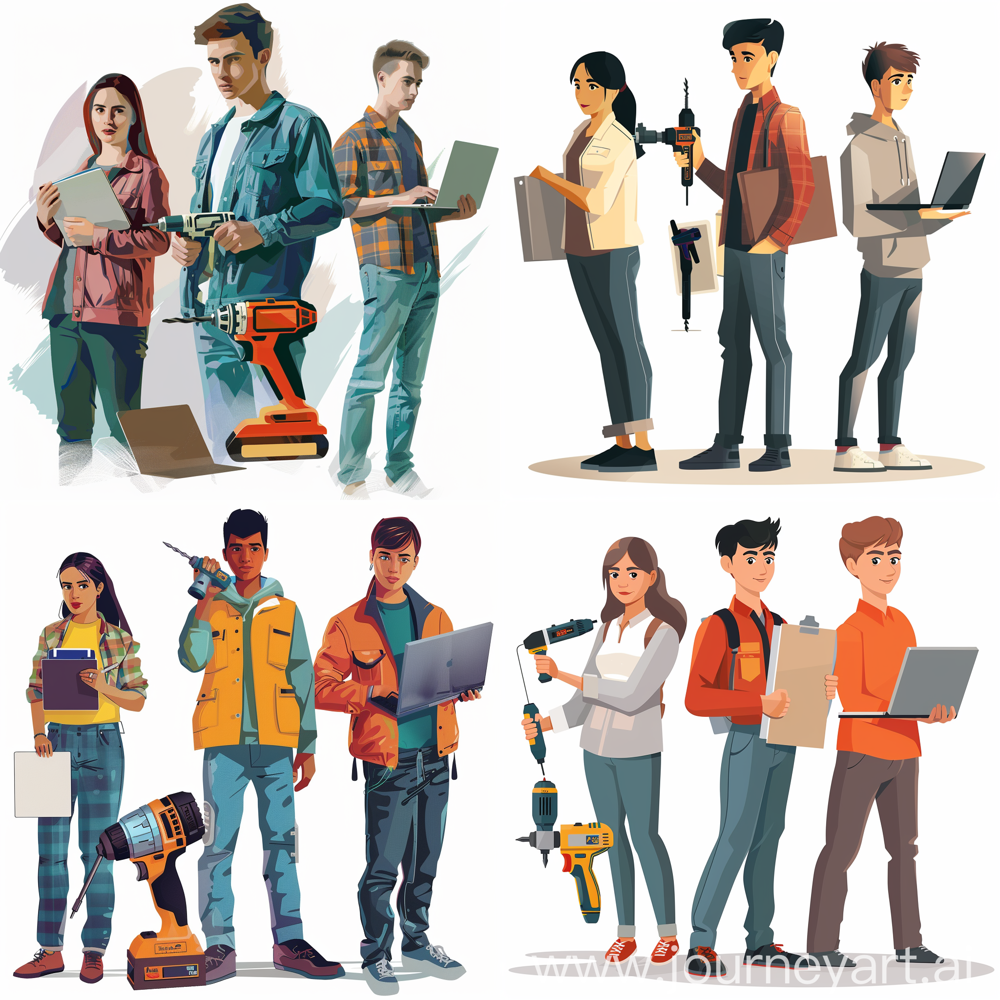 Depict 3 of people of different professions, first is a men with drill in his hands in front.
The second is woman on the left side with a folder.
The third is a young guy on the right with laptop in his hands. Digital Art.