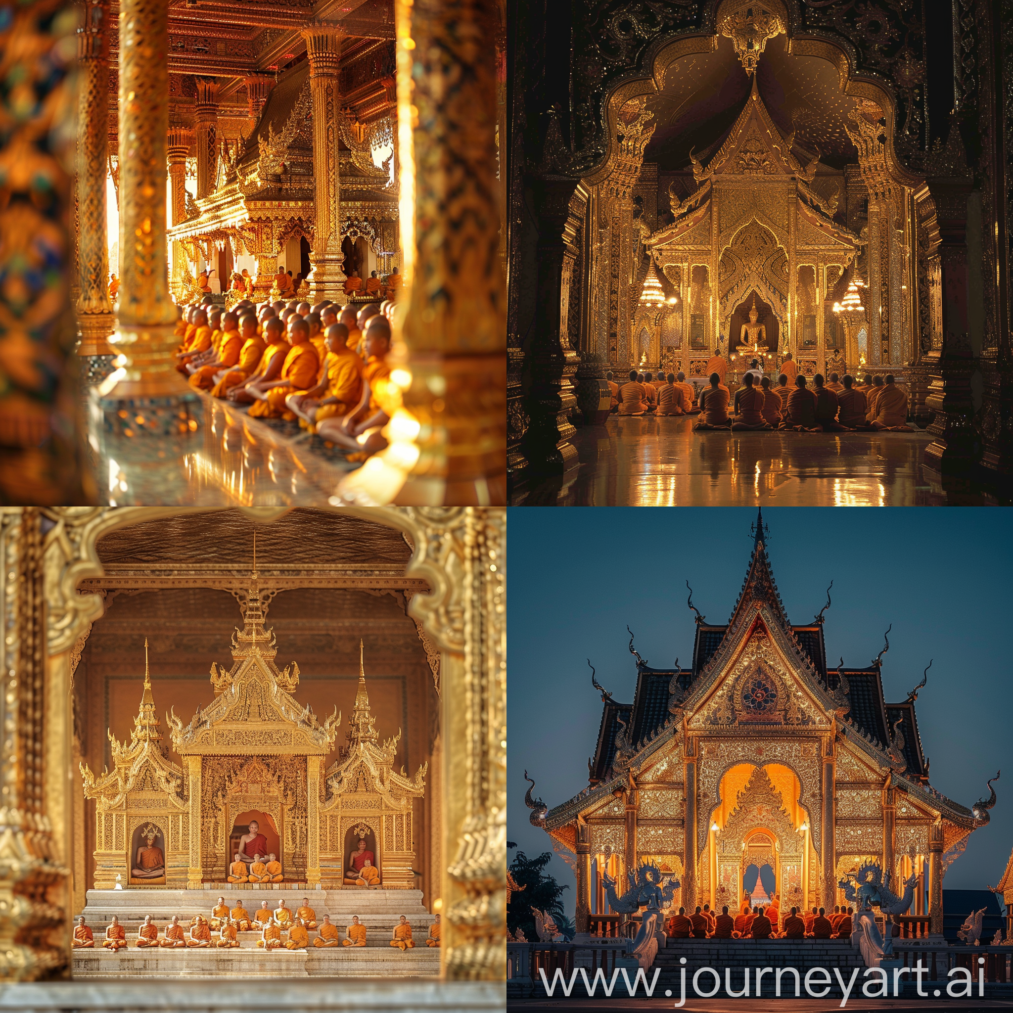 During the day, temples in Thailand are glittering golden churches with monks gathered inside.