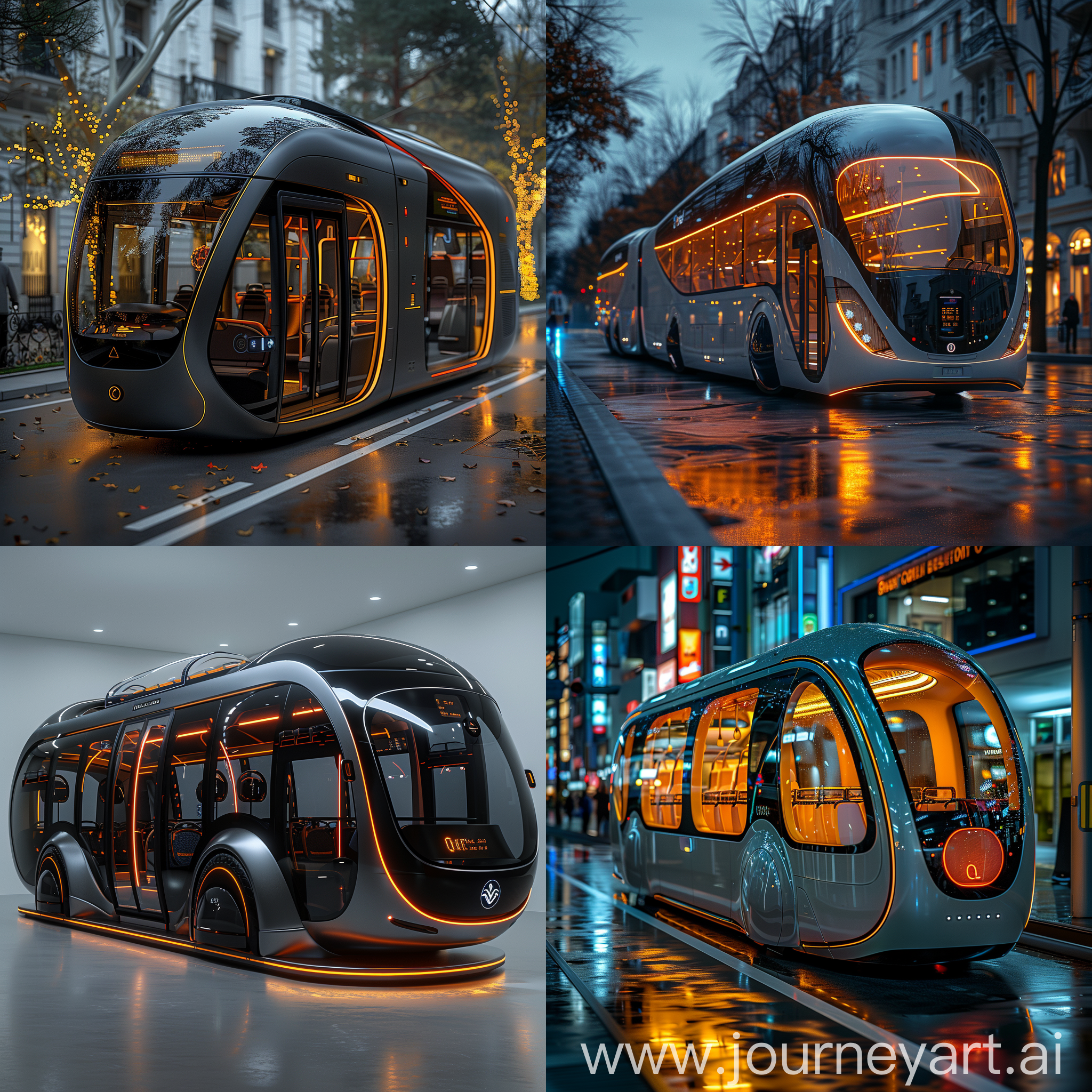 Futuristic bus, futuristic features, Autonomous Driving, Electric or Hydrogen Power, Dynamic Routing, Interactive Interiors, Smart Ticketing, Climate-Controlled Comfort, Biometric Security, Adaptive Seating, Self-Service Kiosks, Augmented Reality Navigation, octane render --stylize 1000