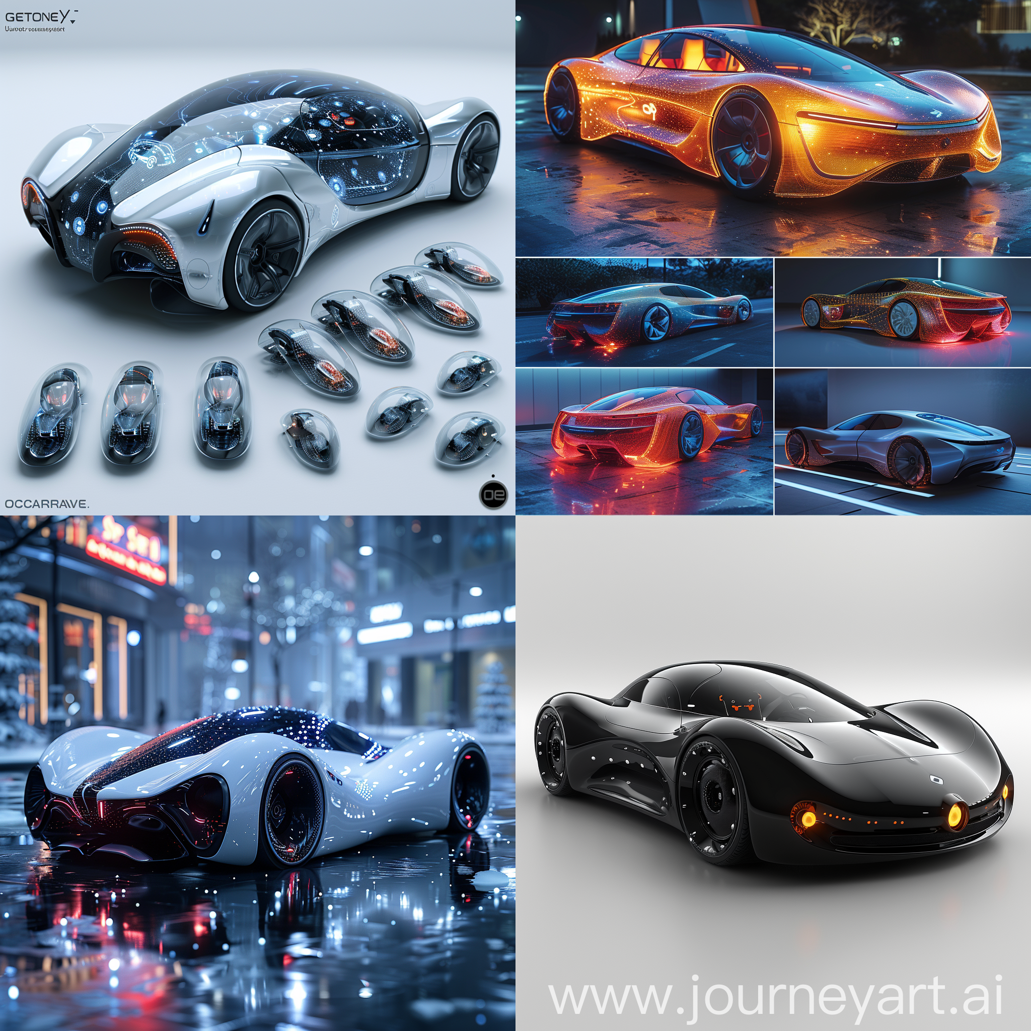 Futuristic car, futuristic features, Autonomous Driving, Vehicle-to-Vehicle Communication (V2V), Augmented Reality Windshield, Holographic Displays, Biometric Integration, Self-Healing Materials, Shape-Shifting Interiors, Advanced Driver Assistance Systems (ADAS), Solar Power, In-Car Entertainment Systems, octane render --stylize 1000