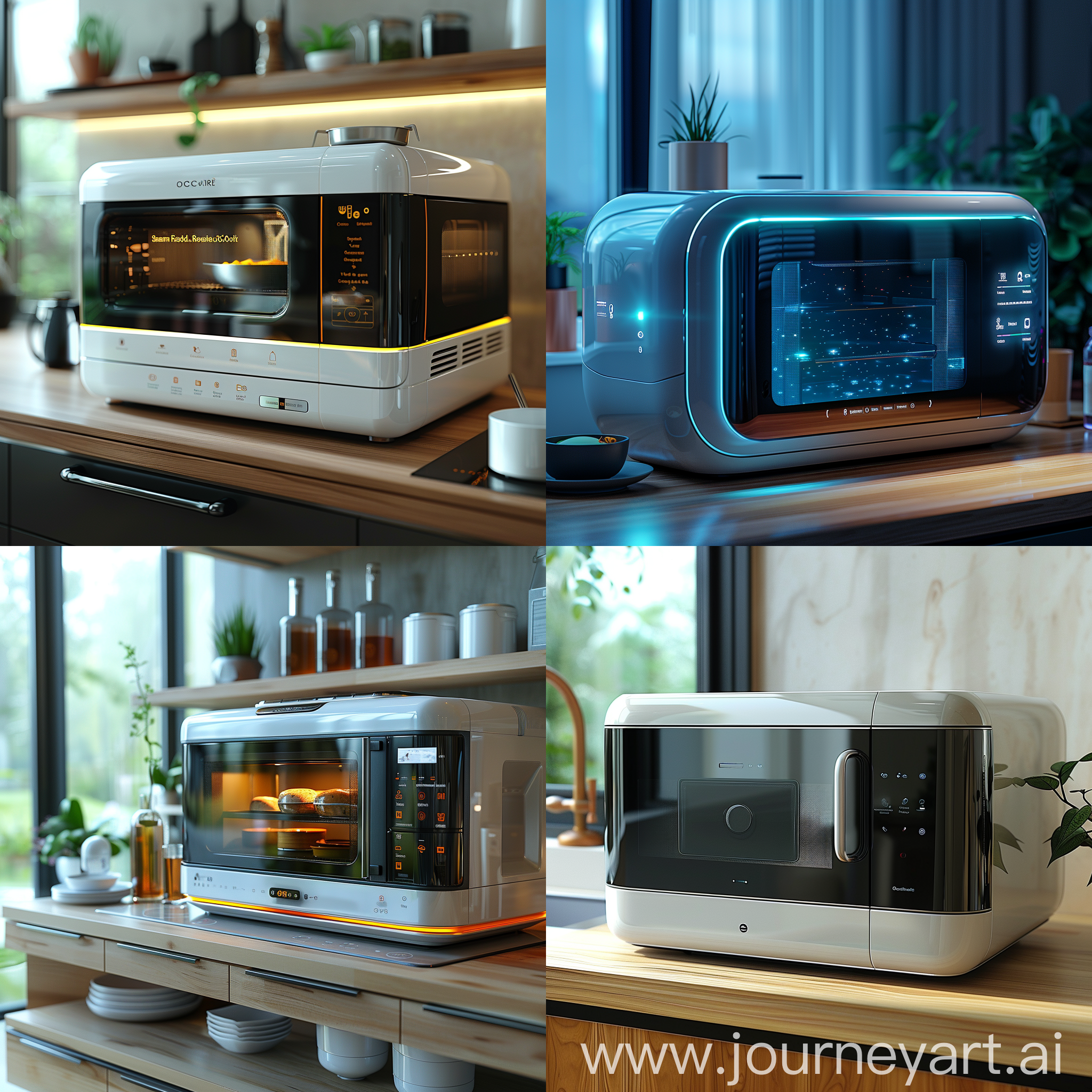 Futuristic microwave, ultramodern features, cutting-edge features, Smart Food Recognition & Auto-Cooking, Voice Control, Molecular Reconstruction, Vacuum Sealing & Sous Vide Cooking, Steam Cleaning, Integrated Air Frying, Smartphone App Connectivity, Biometric Security Lock, Self-Reordering Function, Built-in Projector & Recipe Display, octane render --stylize 1000