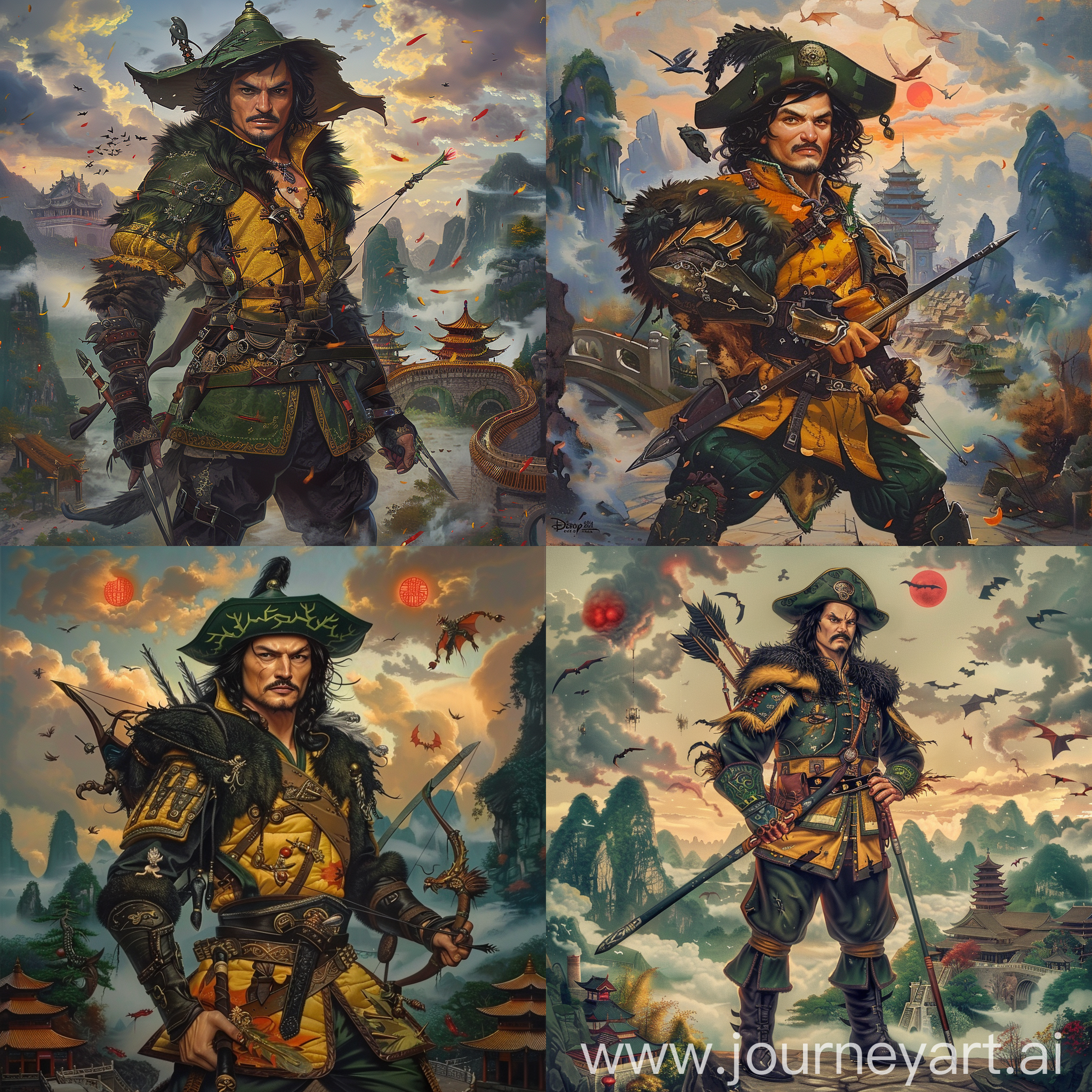 Historic painting style:

a Disney charming and mature Villain, Huntsman from Snow White Cartoon, he is 40 years old and looks like Johnny Depp, he has black mid-long hair and black mustache, he wears a dark green Robin Hood hat, he is in dark yellow and dark green color Chinese medieval furry hunter armor and boots, he holds a medieval Chinese style dagger in right hand, he also has a Chinese crossbow on his back,

Chinese Guilin mountains and temple as background,  evil iced dragons and three small red blood suns in cloudy sky.