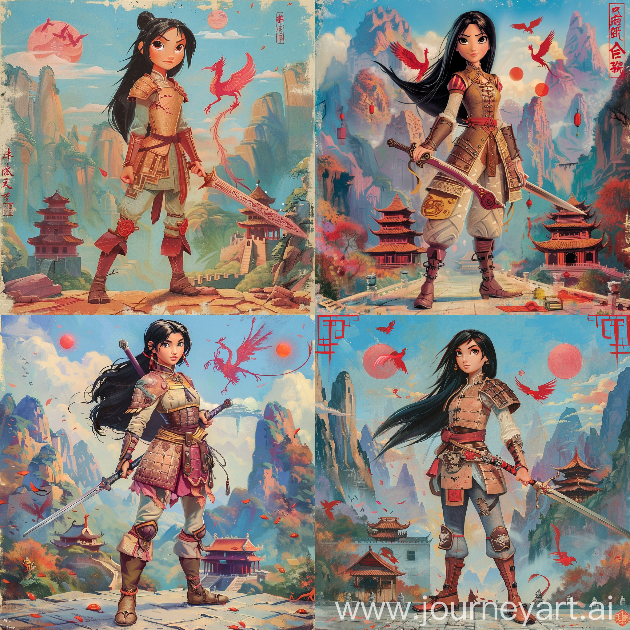 Historic painting style:

a Disney charming lady Cassandra, from Tangled cartoon, she has black chin long hair, she wears light brown and deep magenta color Chinese style medieval armor and boots, she holds a Chinese sword in right hand, 

Chinese Guilin mountains and temple as background, red phoenix and three small red suns in blue sky.
