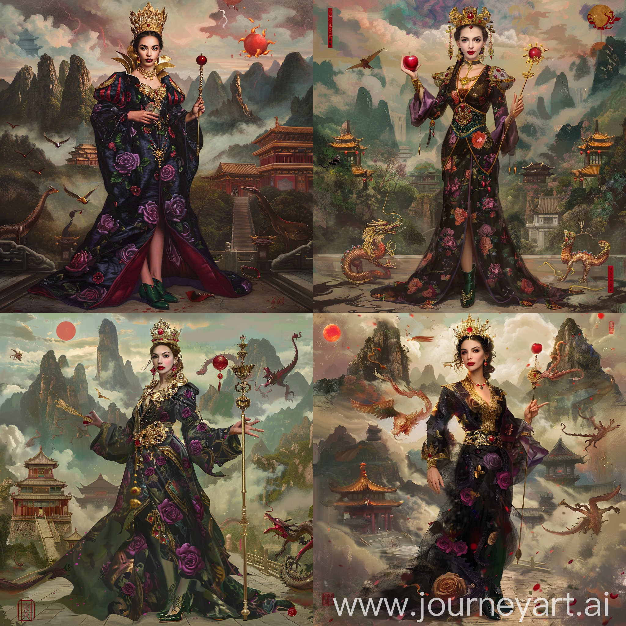 Historic painting style:

a Disney elegant French villian, Evil Queen from Snow White cartoon, she looks like Gal Gadot, she has a golden royal crown on head and a golden red ruby necklace, she wears black and purple rose Chinese empress robe, dark green shoes, she holds a golden Chinese magic wand in right hand, a red apple in left hand,

Chinese Guilin mountains and temple as background,  evil iced dragons and three small red blood suns in cloudy sky.