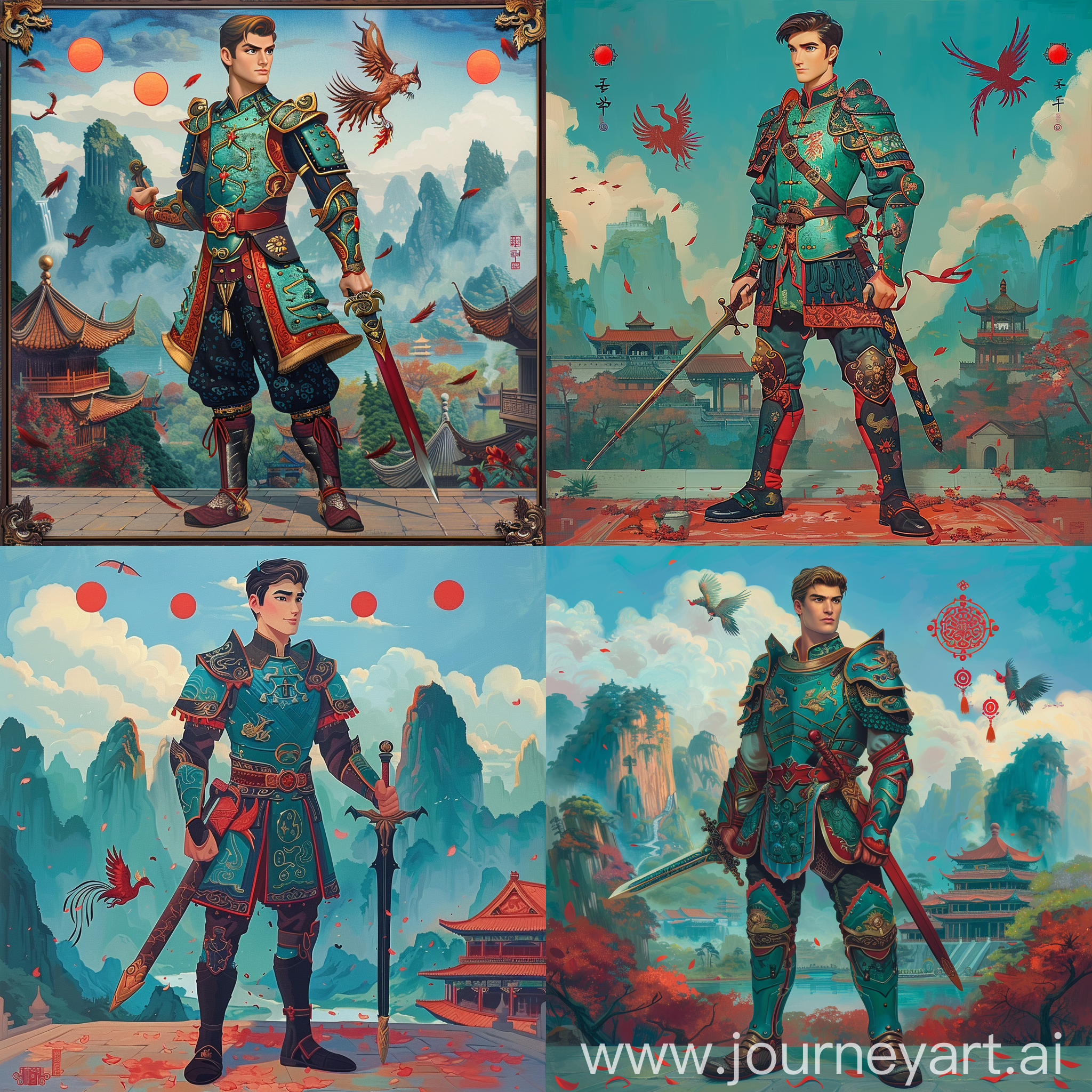 Historic painting style:

a Disney handsome Prince Phillip, from Sleeping Beauty cartoon, he has dark blond short hair, he wears dark turquoise and red color Chinese style medieval armor and boots, he holds a Chinese sword in right hand, 

Chinese Guilin mountains and temple as background, small phoenix and three small red suns in blue sky.