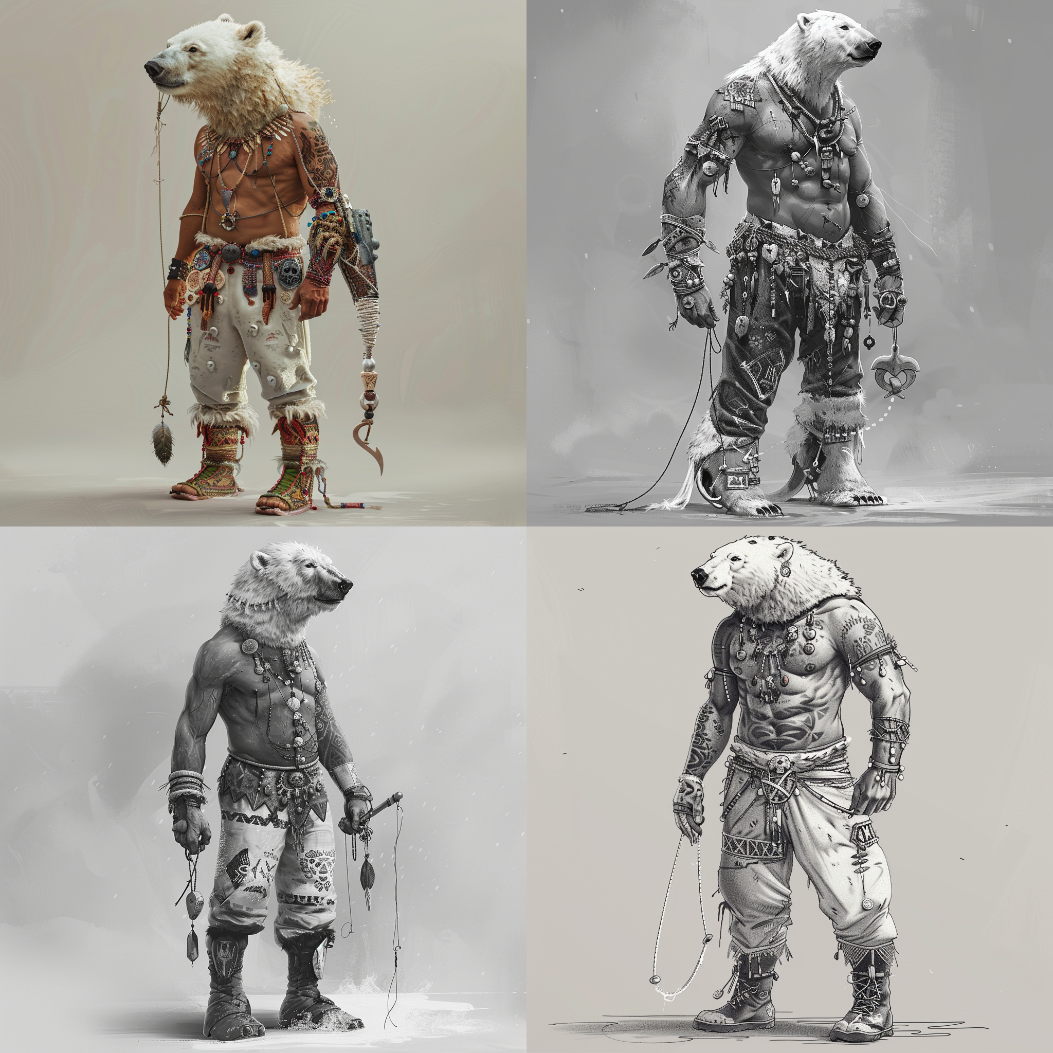 I need to generate a older demigod. He is a one-armed man with the head of a polar bear. He is an amputee missing his right arm. He wears traditional Inuit pants and boots with lots of traditional details and charms, with a shaman aesthetic. He carries a string with a hand-carved fish-hook on it. There is confidence in his posture and an unsettling nature about him.
