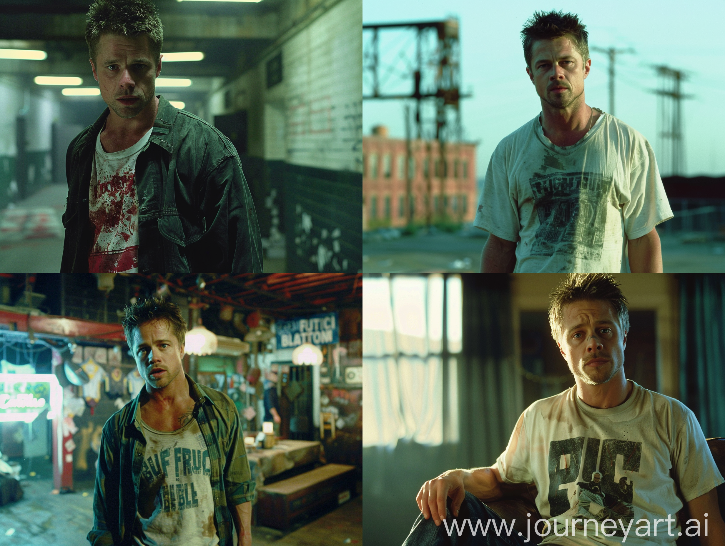 Make a picture of Brad Pitt wearing this shirt in the movie Fight Club