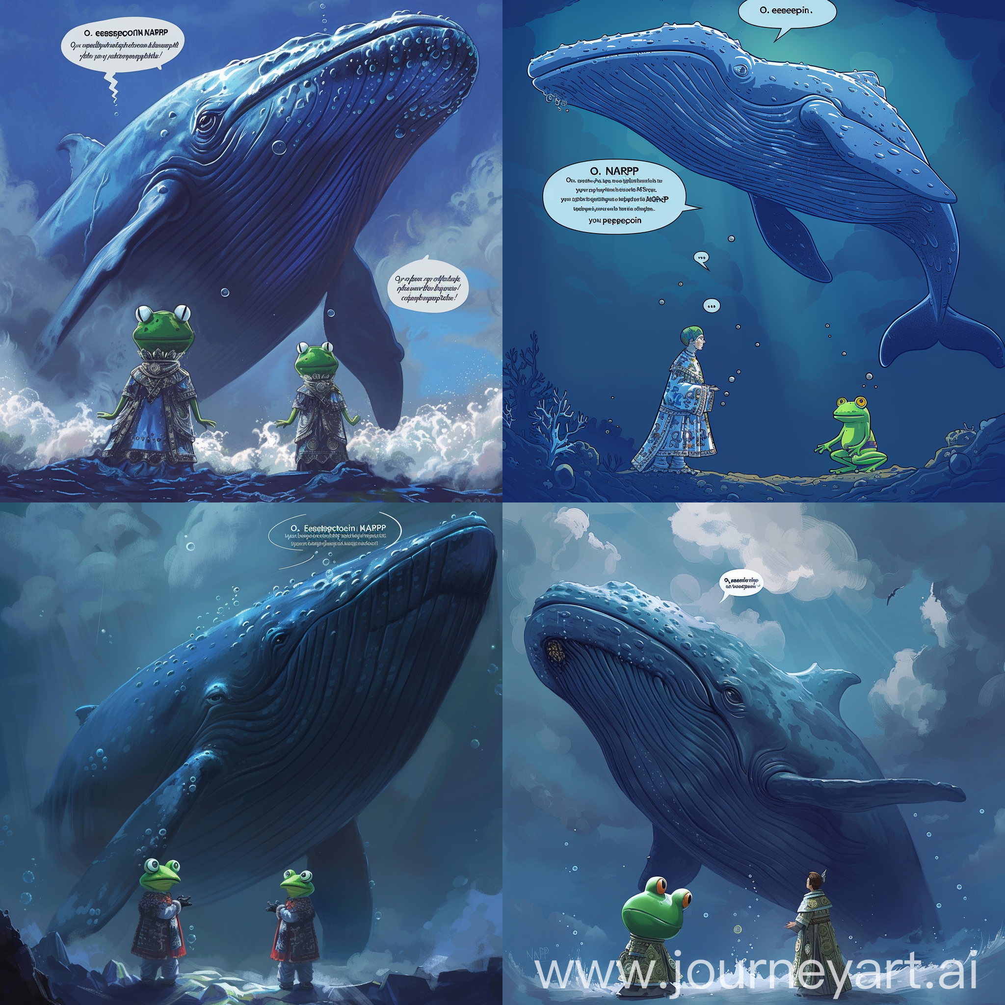 NARP portrayed as a magnificent and majestic blue whale icon, towering above the crypto landscape, with a serene and commanding presence. Its form radiates strength and wisdom, symbolizing its status as a revered figure within the crypto community.
PepeCoin depicted as a humble and respectful supplicant, adorned in ceremonial attire adorned with images of its iconic green frog mascot, bowing before NARP with a reverent demeanor and hopeful eyes.
Speech bubbles above PepeCoin: "Oh esteemed NARP, guardian of the crypto seas, we humbly implore thee for thy divine blessing upon our beloved PepeCoin!"
NARP, with a serene and knowing expression, gazes down upon PepeCoin with a mixture of benevolence and amusement, its whale iconography exuding a sense of calm authority.
Speech bubble above NARP: "Your request intrigues me, dear PepeCoin. What tribute do you offer in exchange for my favor?"
Caption:

"In the vast ocean of the crypto world, PepeCoin, adorned in regal attire, ventures to the depths where NARP, the mighty blue whale icon, reigns supreme. Will their offering be sufficient to earn his coveted blessing and favor?"