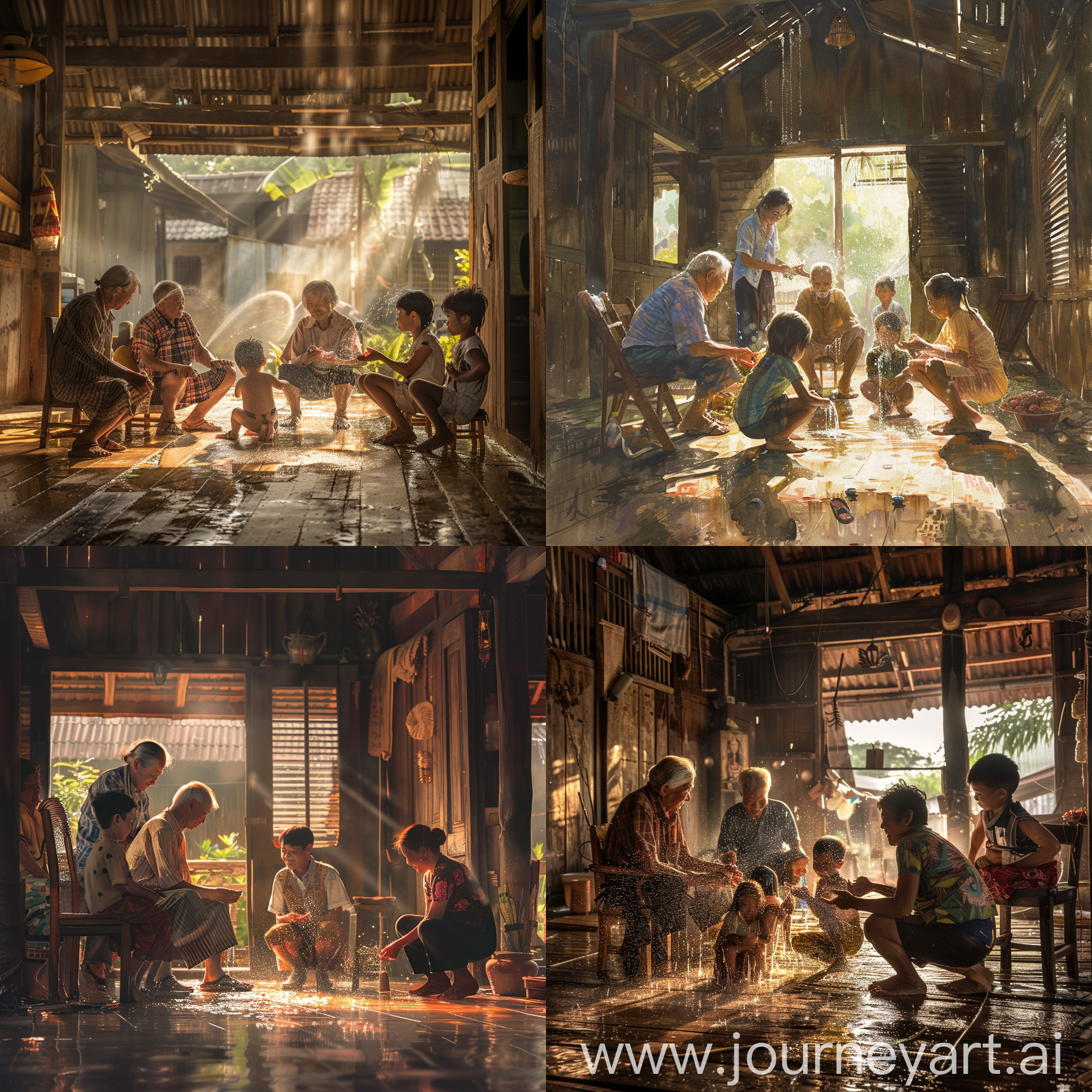 On Songkran Day  The morning sunshine of a new day  The morning light came into a wooden house with grandparents sitting on chairs. and the descendants squatted on the ground  Drawing water Sprinkle it on the hands of adults to make a wish.  ask for blessing from the elders.