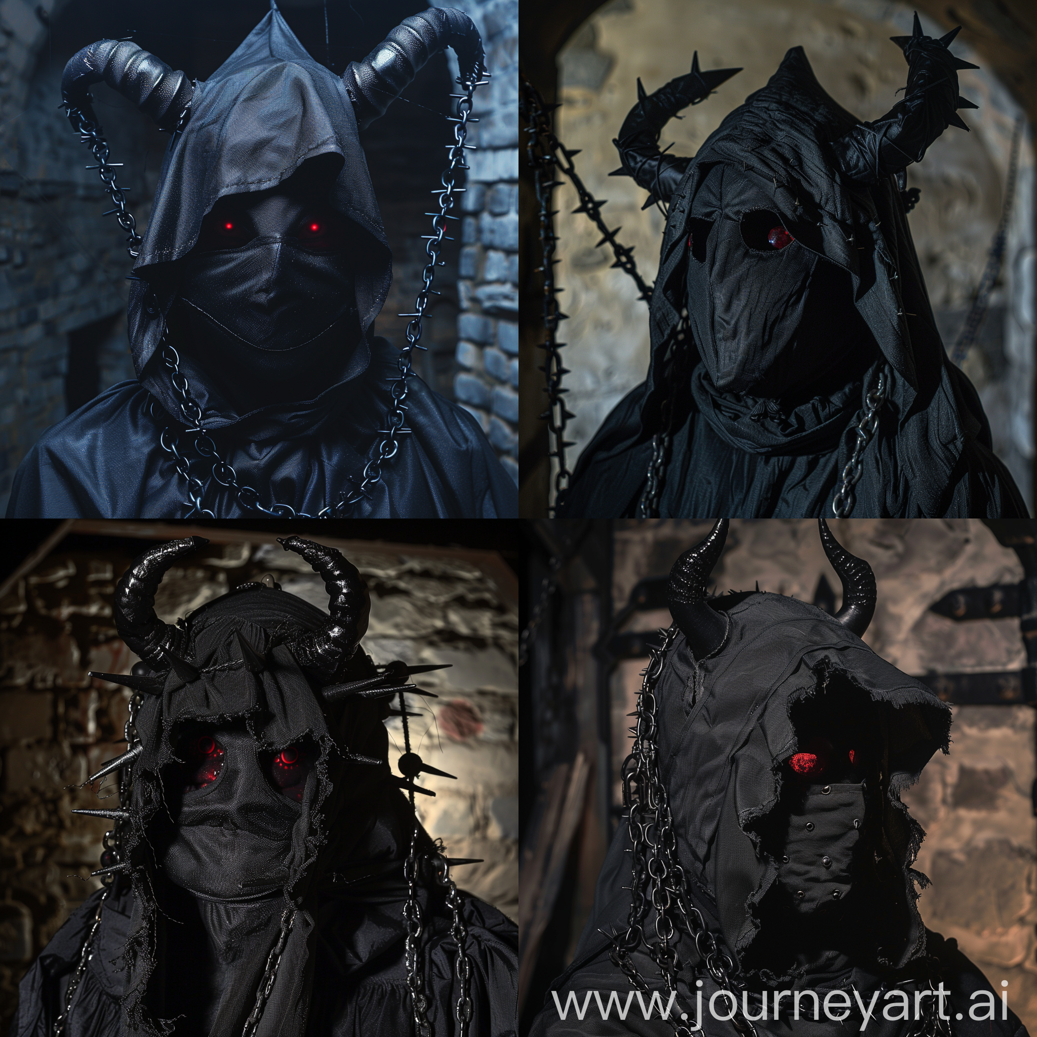 Plain black nylon faced creature with black horns, black fabric hood, red eyes, chained with spiked chains, at dark dungeon, dramatic lighting, caravaggio style