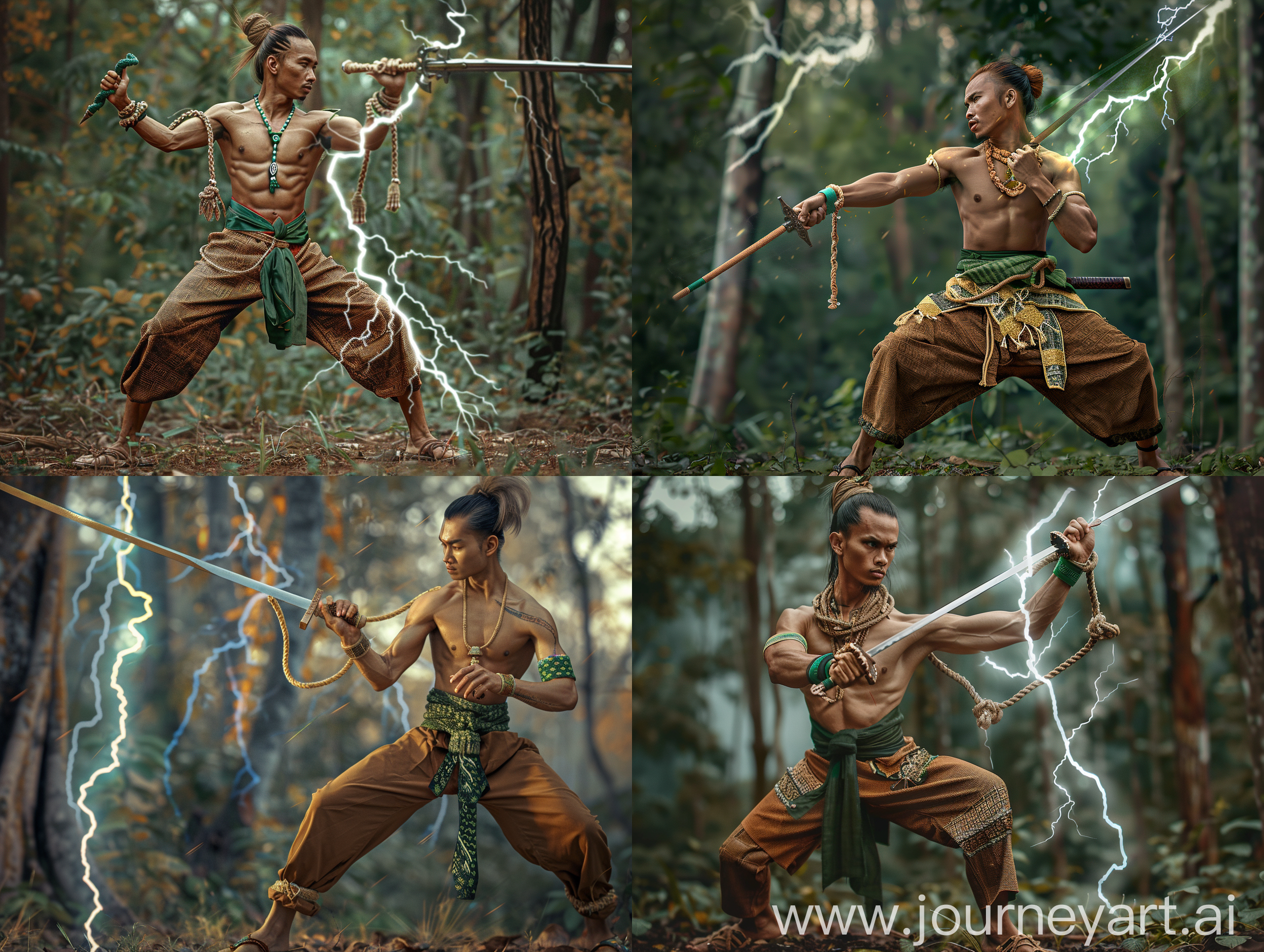 Realistic photo of a 30 year old Indonesian man with a square and clean face, long hair tied in a small bun, stocky body, stocky and dashing, wearing a rope necklace, green cloth bracelet, brown batik pants, green cloth belt, strappy sandals, doing stylish dance moves  free while holding a long sword, in the middle of the forest, during the day.  Add a lightning effect from your hands to your shoulders.  Very detailed, very real, ultra HD