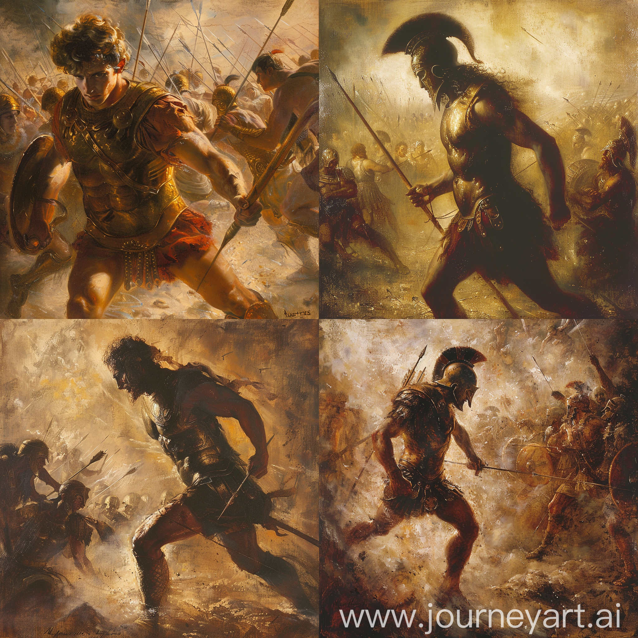 This oil painting captures the moment of Achilles' vulnerability, as he is struck by an arrow in his heel, the only point where he is not invulnerable. The scene depicts Achilles in the heat of battle, his armor gleaming in the sunlight as he charges forward with his spear. The expression on his face is one of determination and focus, unaware of the impending danger behind him. The background is filled with chaos and turmoil, with warriors clashing and clouds of dust swirling around them. In the distance, the figure of Paris can be seen, drawing his bow and taking aim at Achilles' unprotected heel. The colors are rich and vibrant, with warm tones dominating the scene to convey the intensity of the moment. The painting serves as a reminder of the fragility of even the mightiest heroes and the tragic consequences of their vulnerabilities.