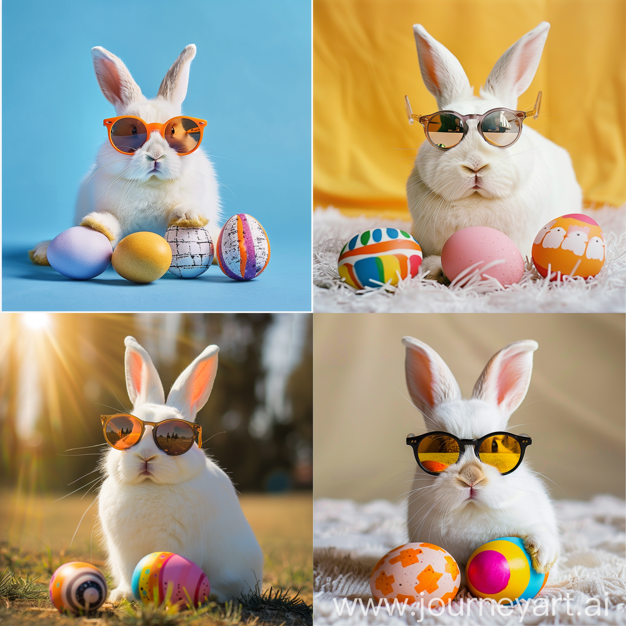 White colour Bunny with sun glasses and colourful egg easter day professional lightning post