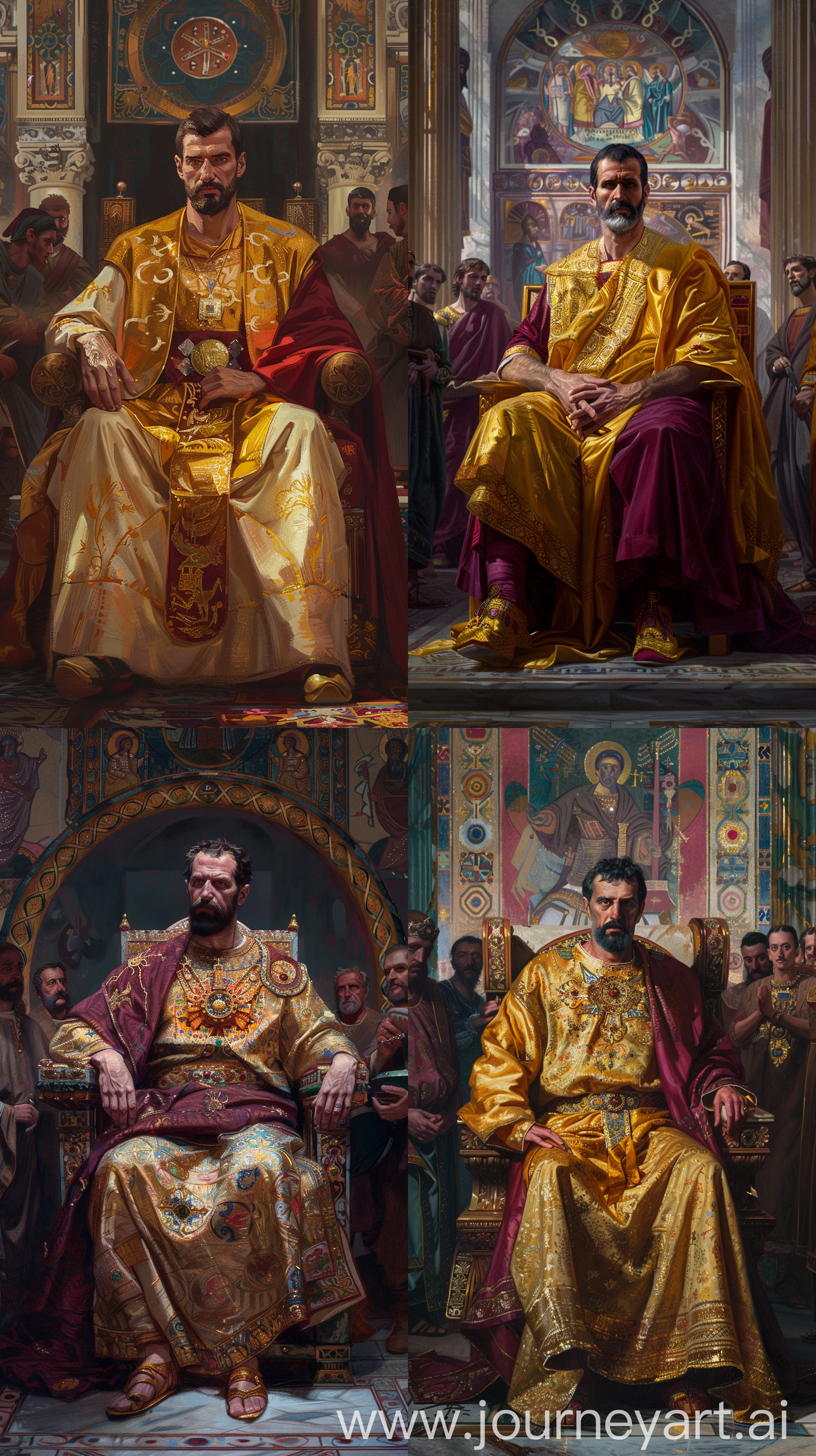 Write a portrait of Byzantine Emperor Manuel I Komnenos seated on his throne, adorned in opulent robes of gold and crimson, his expression a mix of authority and contemplation. Behind him, the grandeur of the Byzantine court unfolds, with courtiers bowing in deference and intricate mosaics shimmering in the light. Capture the essence of his reign, marked by military prowess, cultural revival, and political intrigue --ar 9:16