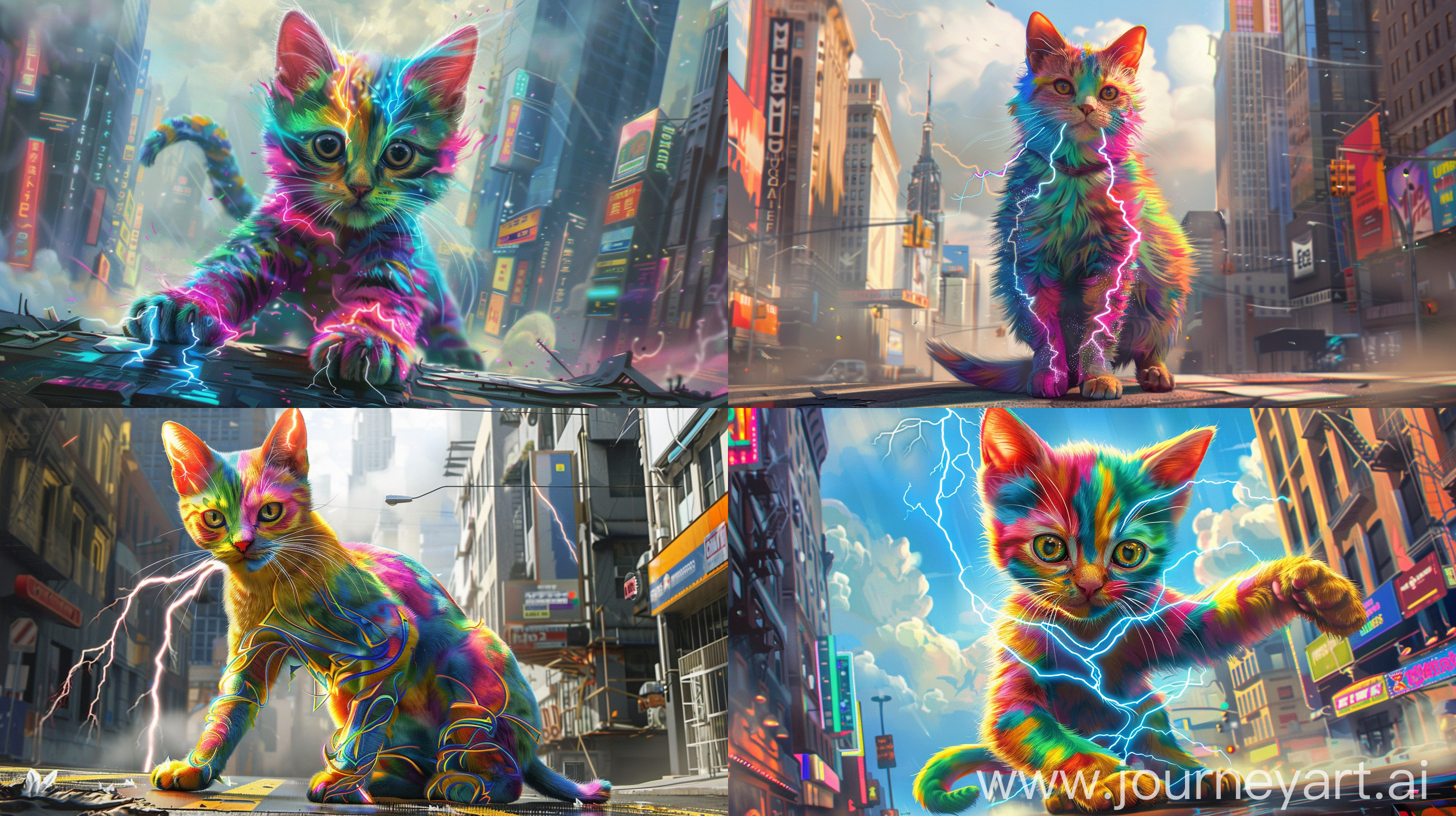 a colorful cute superhero cat with lightning and fie super powers posing in a city. ultradetailed, ultrarealisic --ar 16:9