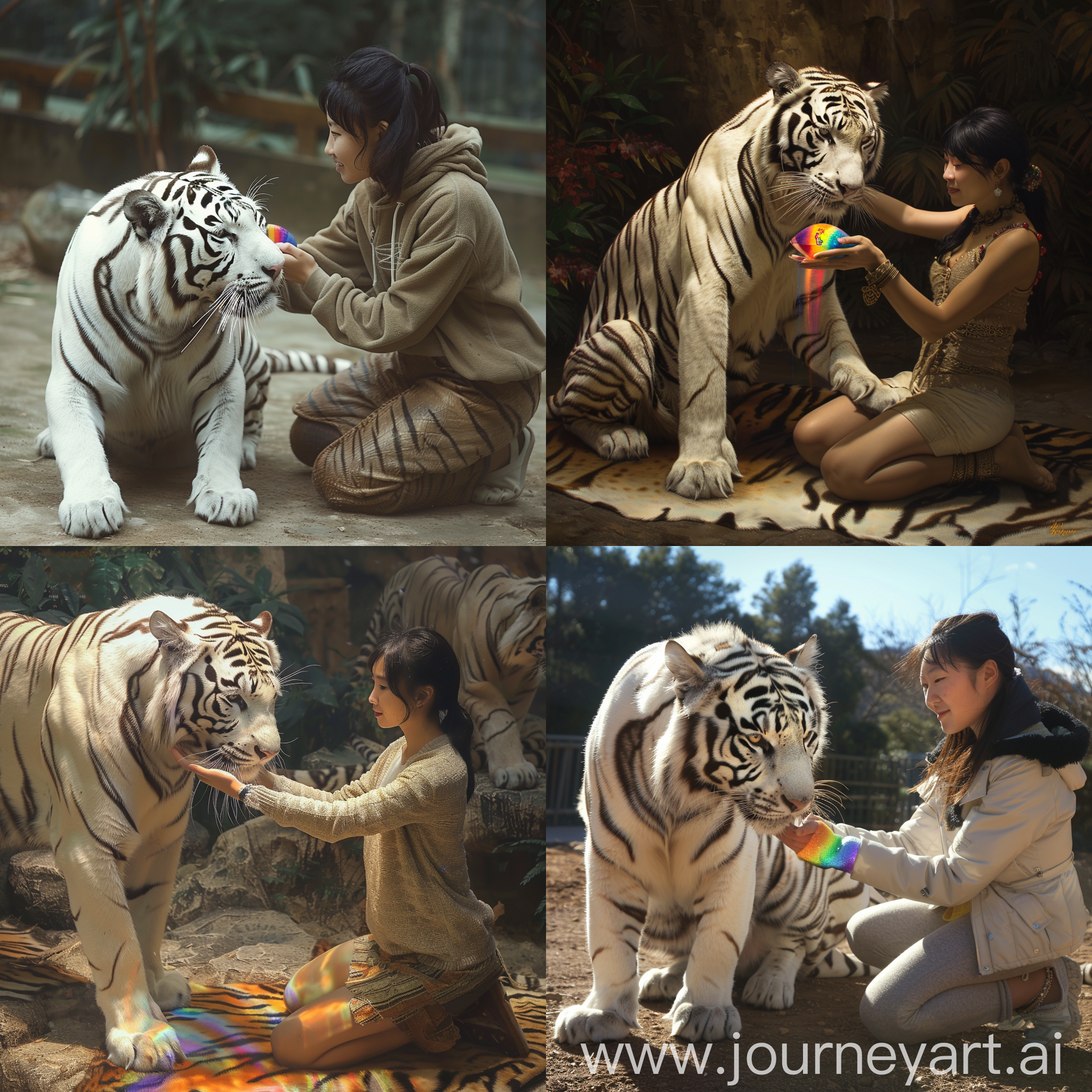 a woman kneeling down petting a white tiger, tigers, kda and sam yang, tiger skin, a tiger, tiger_beast, tiger, asian female, ((tiger)), holding a rainbow tiger gem, asian women, young asian woman, white tiger, tiger stripes, sacred tiger, asian girl, lariennechan, pet animal, xiaofan zhang