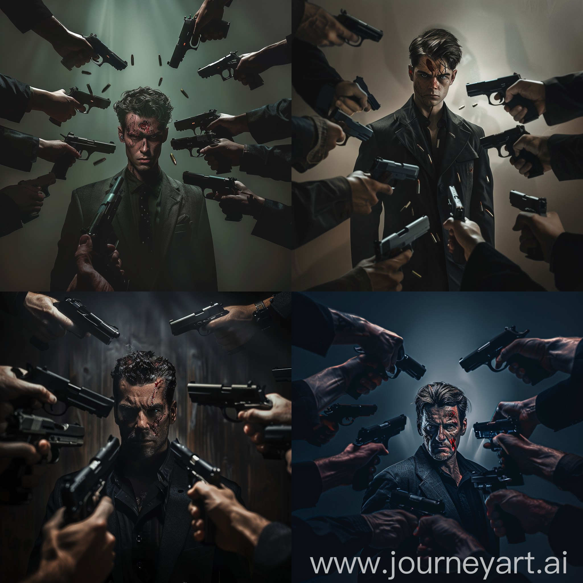 an bright image of a central male character caught in a high-stakes moment, surrounded by numerous arms stretching from the shadows, each holding a sleek, menacing firearm. The male character stands resilient, with a determined gaze that confronts the danger head-on. his face is marked by the trials he's faced – a streak of simulated blood running down one side, and his hair tousled. he wears a dark suit that speaks of a grim elegance. The background is dimly lit, with an emphasis on the hands and guns converging towards his, creating a sense of tension and impending action. Capture the mood with sharp contrasts and a focused light source to highlight the facial expression and the steel of the guns