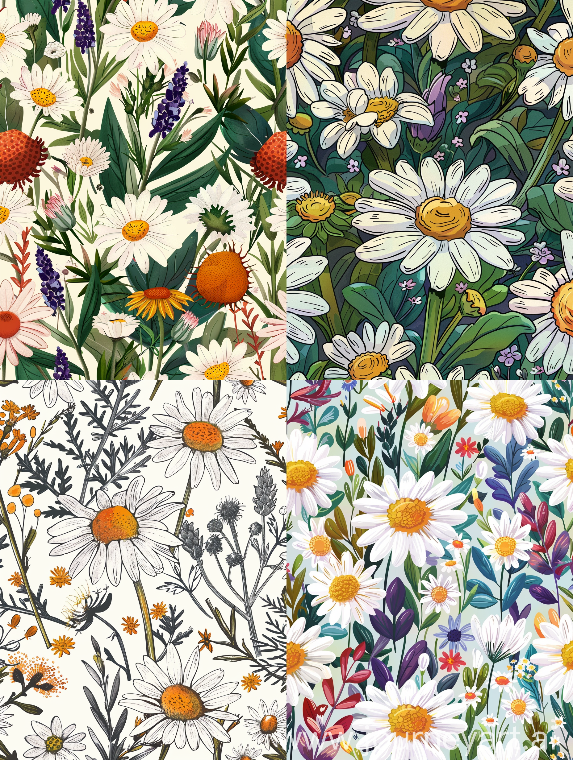 cartoon style art on vector of daisies and other flowers on a seamless pattern