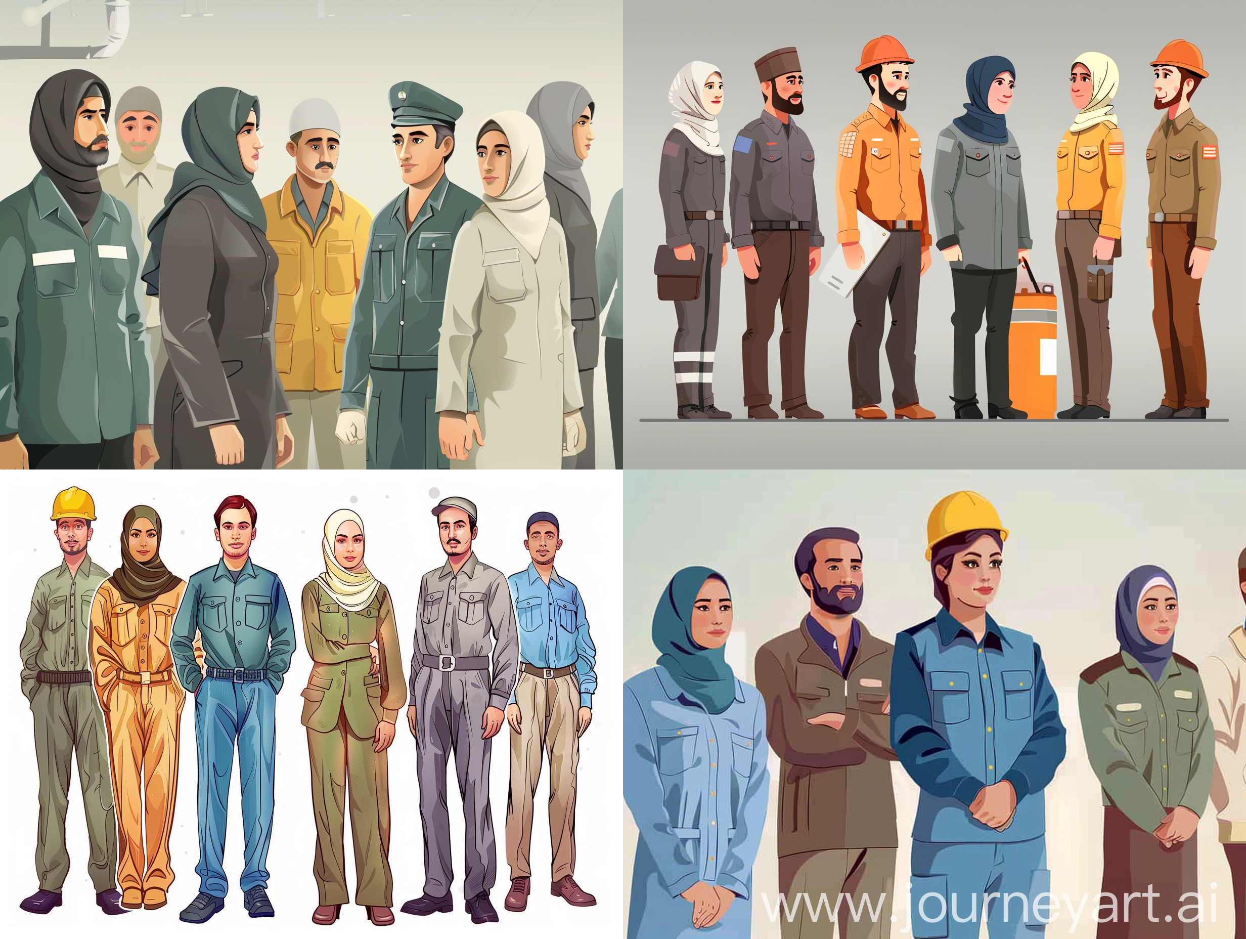 economic growth with people's participation, men in work clothes and women in hijab uniforms , digital art style , high details