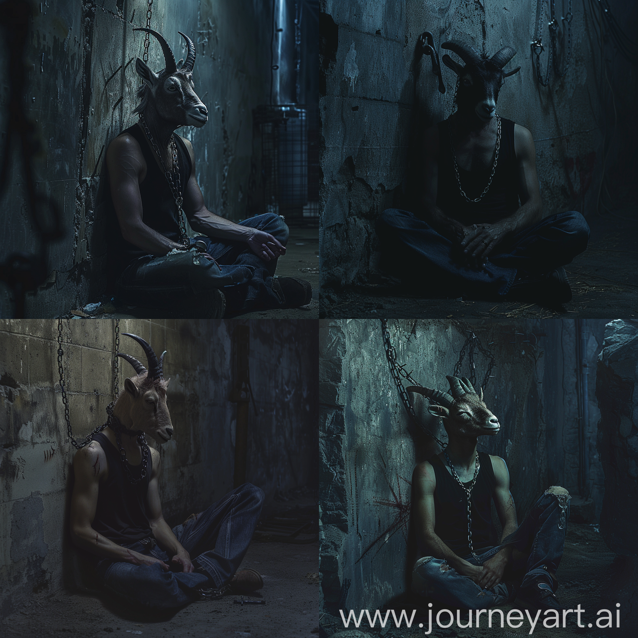 goat headed man, wearing black tank top and jeans, sitting on the ground at dark dungeon, chained on his neck, there are nail marks on the wall, midnight, dark eerie, creepy atmosphere, dramatic lighting