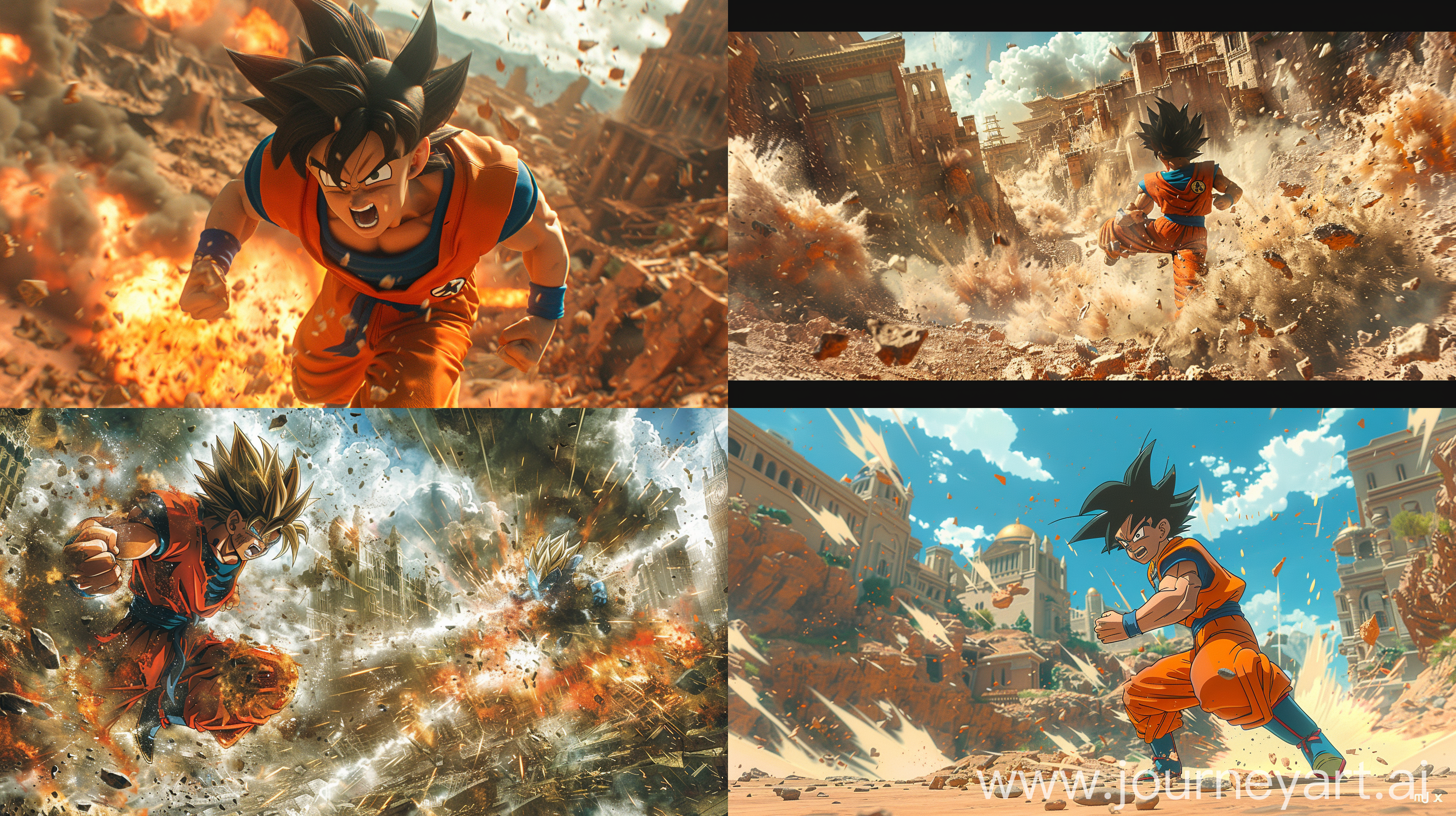 !mj1 Epic showdown, Goku in Super Saiyan form locked in a fierce battle with Ben 10's Alien X, amidst the ruins of a once-grand city, high-energy blast effects, extreme dynamic angles capturing the action, dust and debris flying, vibrant explosive colors --ar 16:9 --s 350 --c 15 --v 6