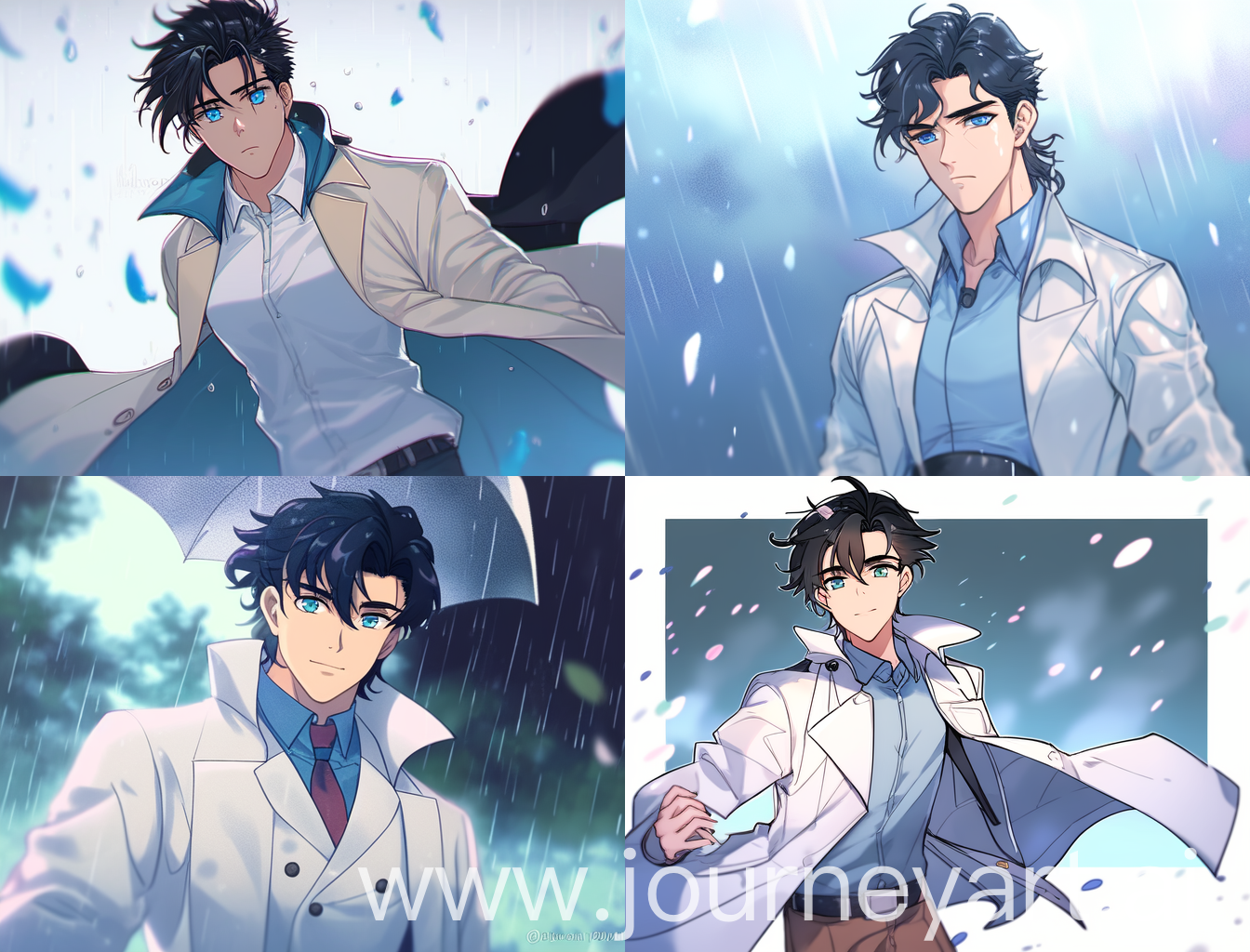 tall young man, slight heavy muscle, medium hair, black hair, parted hair, unique style hair, blue eyes, light blue raindrop necklace, white trench coat, black jacket, blue shirt