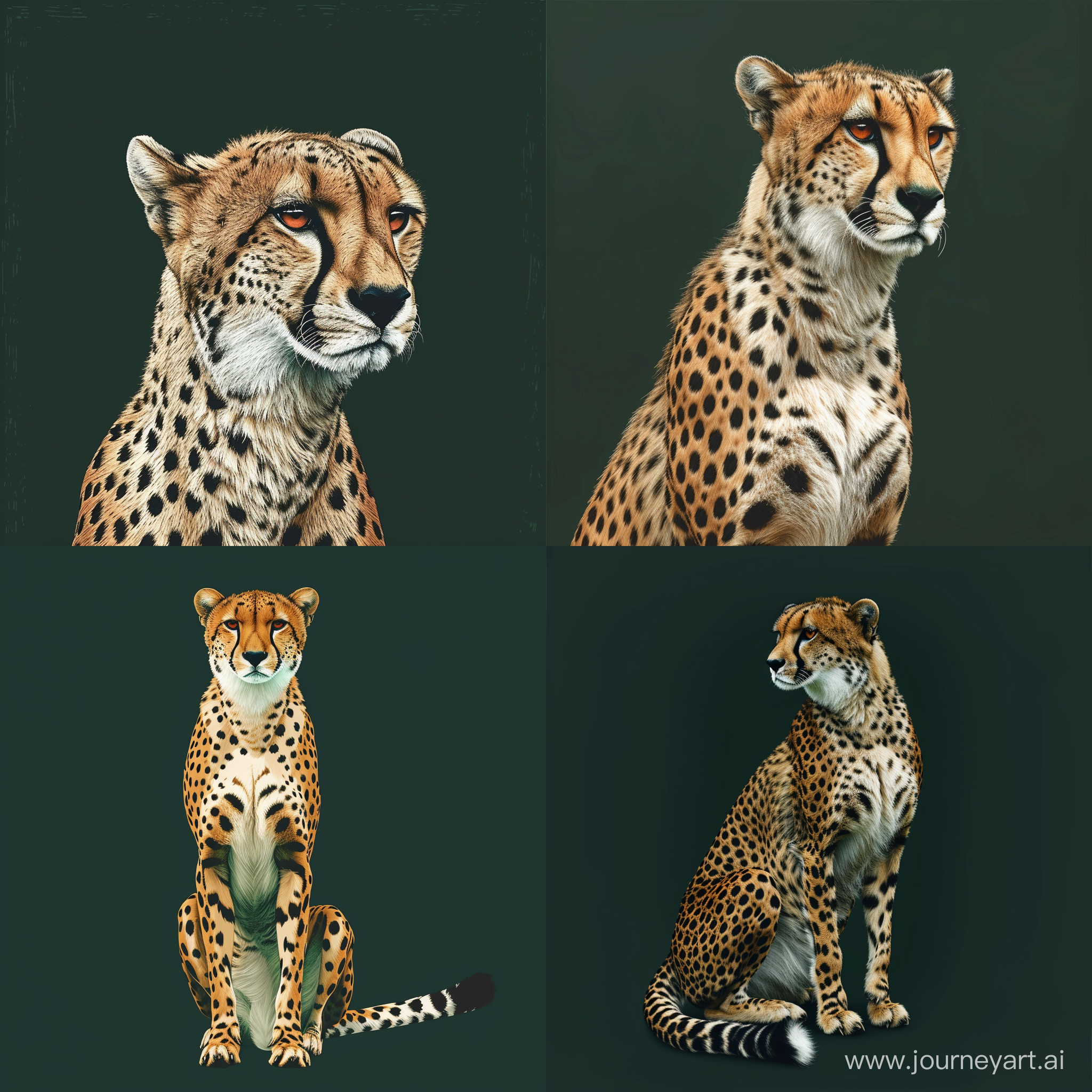 Minimalism 2D Illustration of Cheetah, Simple Dark Green Background, Cinematic Pose, Adobe Illustrator Software, High Precision --v 6.0 --s 100