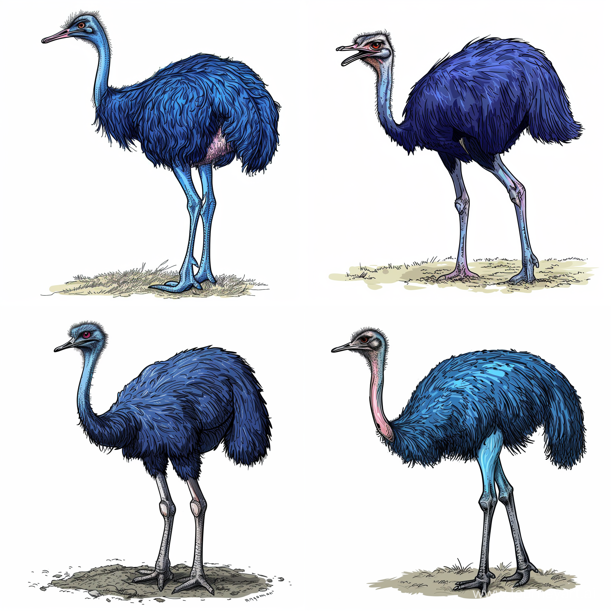 A blue ostrich standing with it's head stuck in the ground ,victor sketch drawing illustrator style on white background. 
