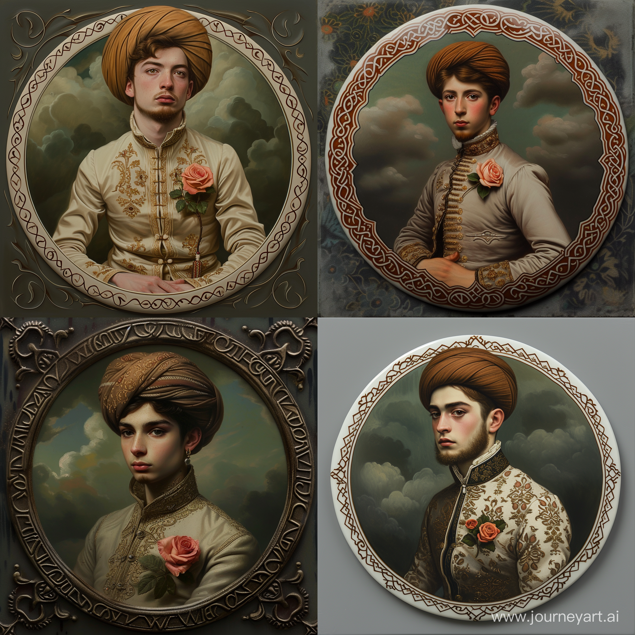 Medieval European portrait painting in style of Thomas Lawrence on arabesque decorated porcelain seal, depicting a young middle aged man with brown small beards on earside, sitting and wearing full collar Persian attire and Ottoman turban, rose flower on lapel, dark grey greenish cloudy background